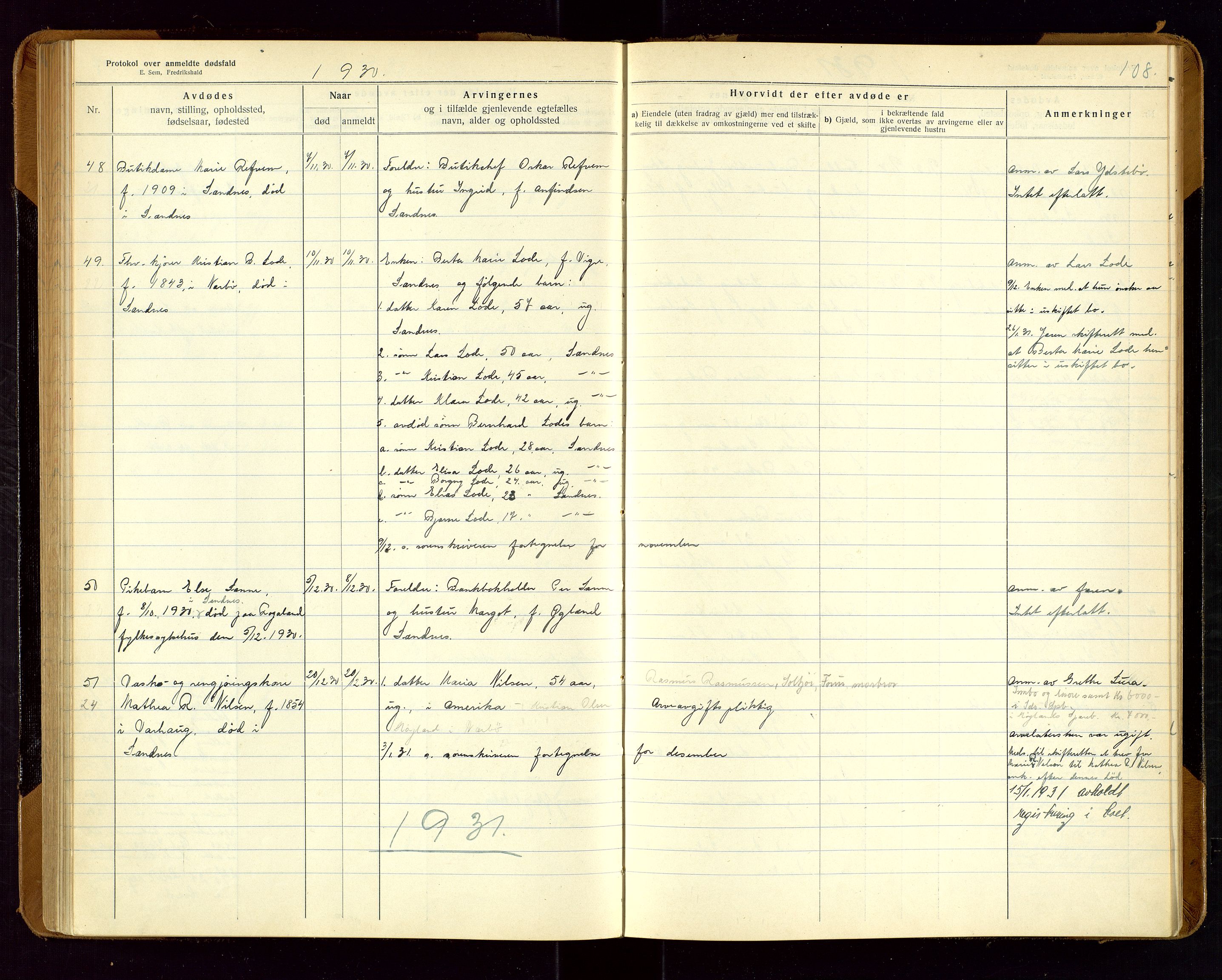 Sandnes lensmannskontor, SAST/A-100167/Gga/L0001: "Protokol over anmeldte dødsfald" m/register, 1918-1940, p. 108