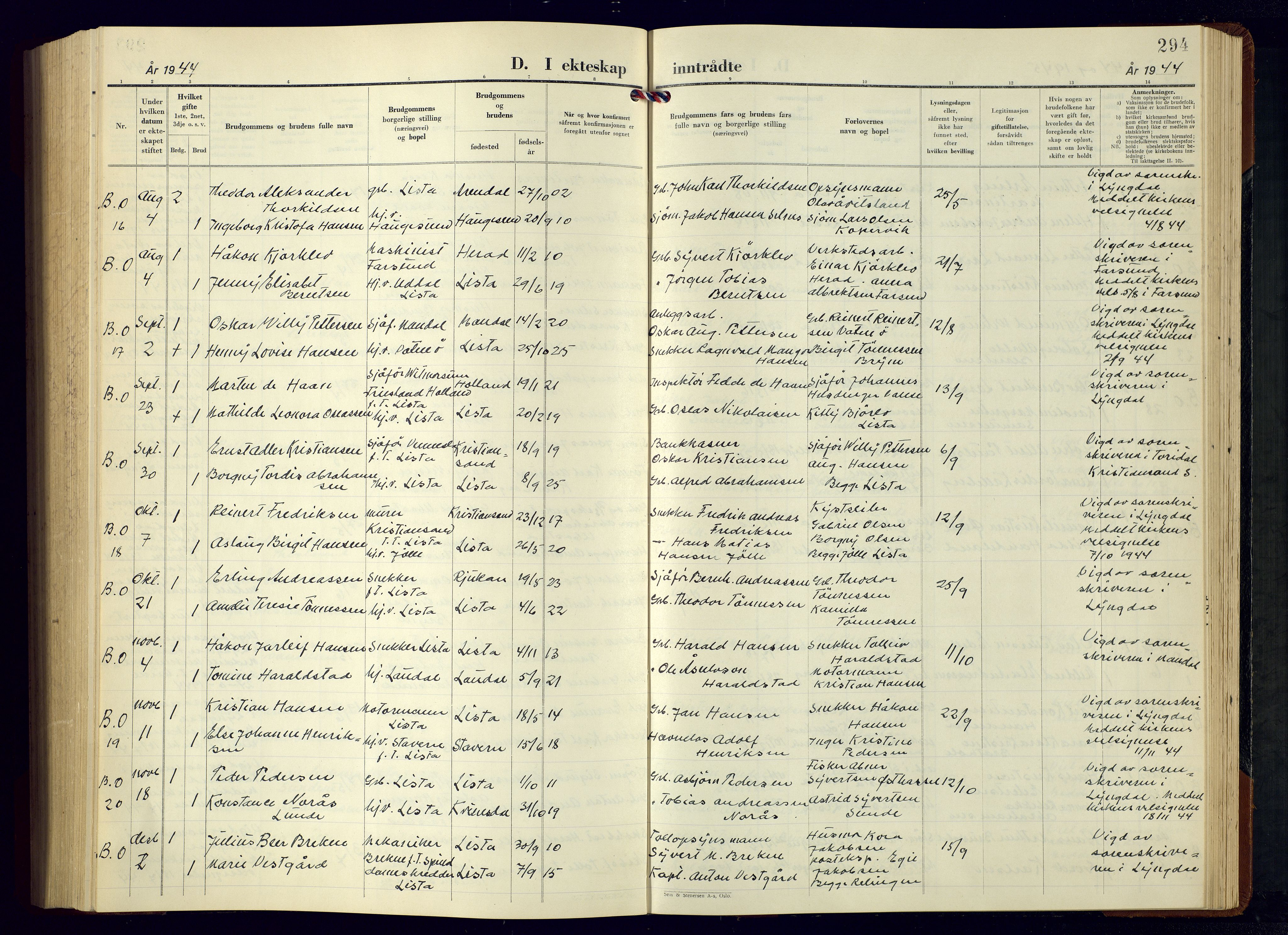 Lista sokneprestkontor, AV/SAK-1111-0027/F/Fb/L0007: Parish register (copy) no. B 7, 1943-1970, p. 294