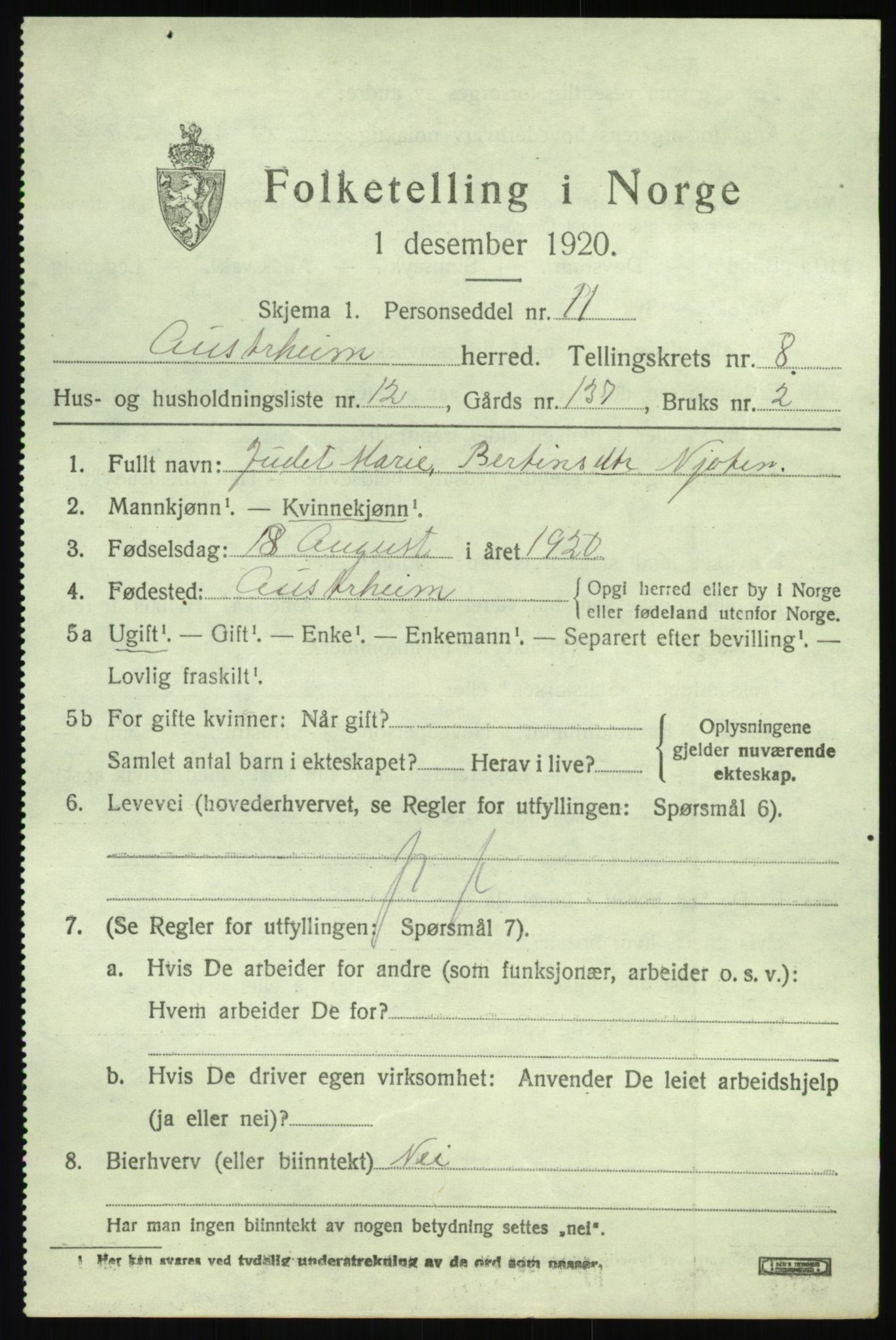 SAB, 1920 census for Austrheim, 1920, p. 3116