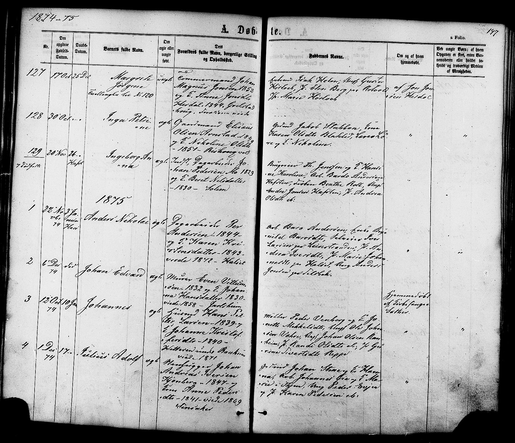 Ministerialprotokoller, klokkerbøker og fødselsregistre - Sør-Trøndelag, SAT/A-1456/606/L0293: Parish register (official) no. 606A08, 1866-1877, p. 147