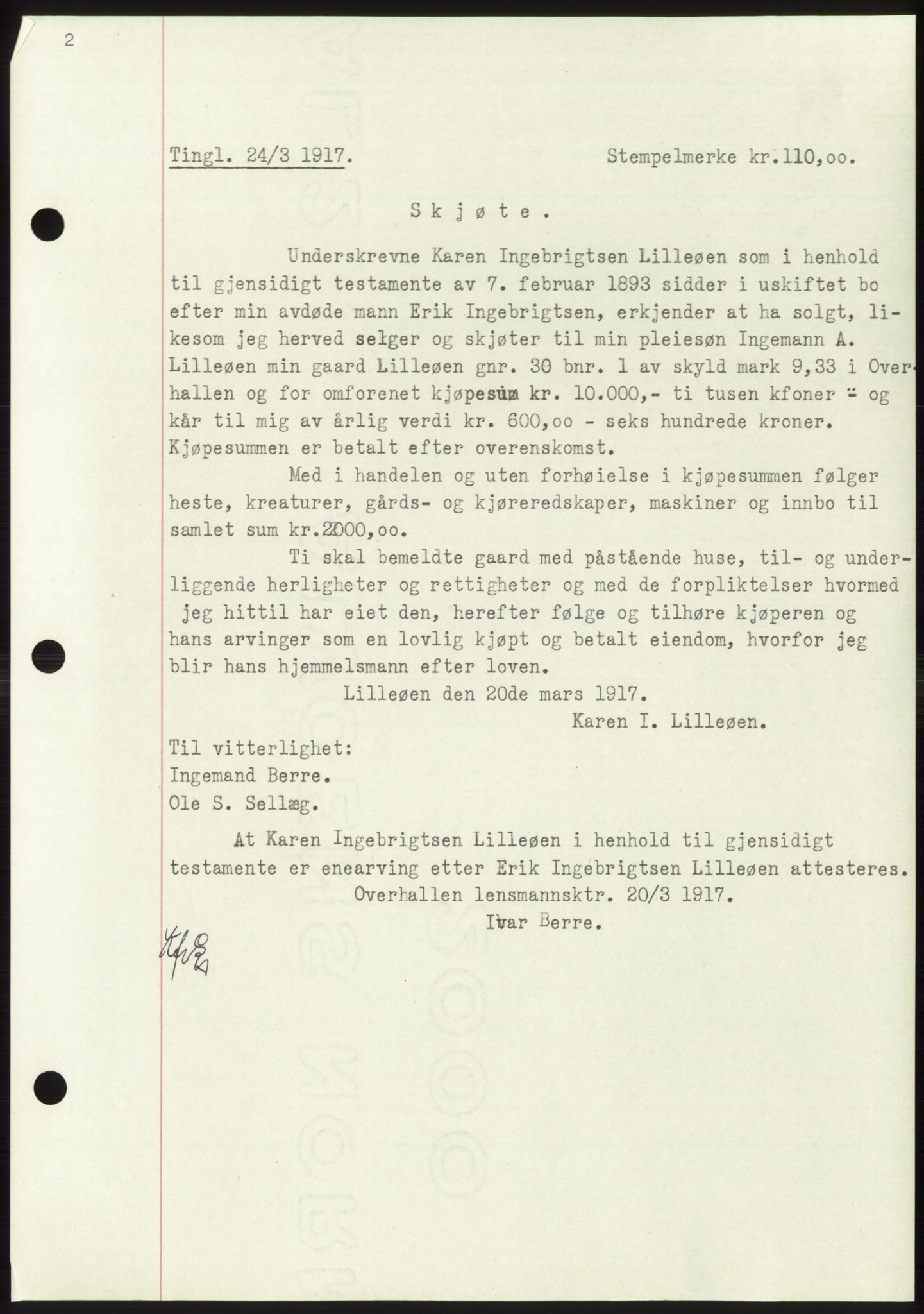 Namdal sorenskriveri, SAT/A-4133/1/2/2C: Mortgage book no. -, 1916-1921, Deed date: 24.03.1917