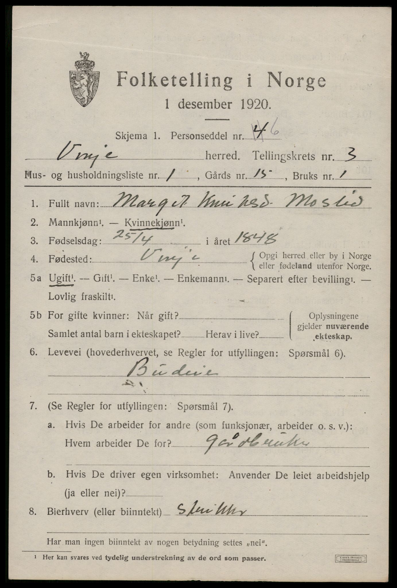 SAKO, 1920 census for Vinje, 1920, p. 1055