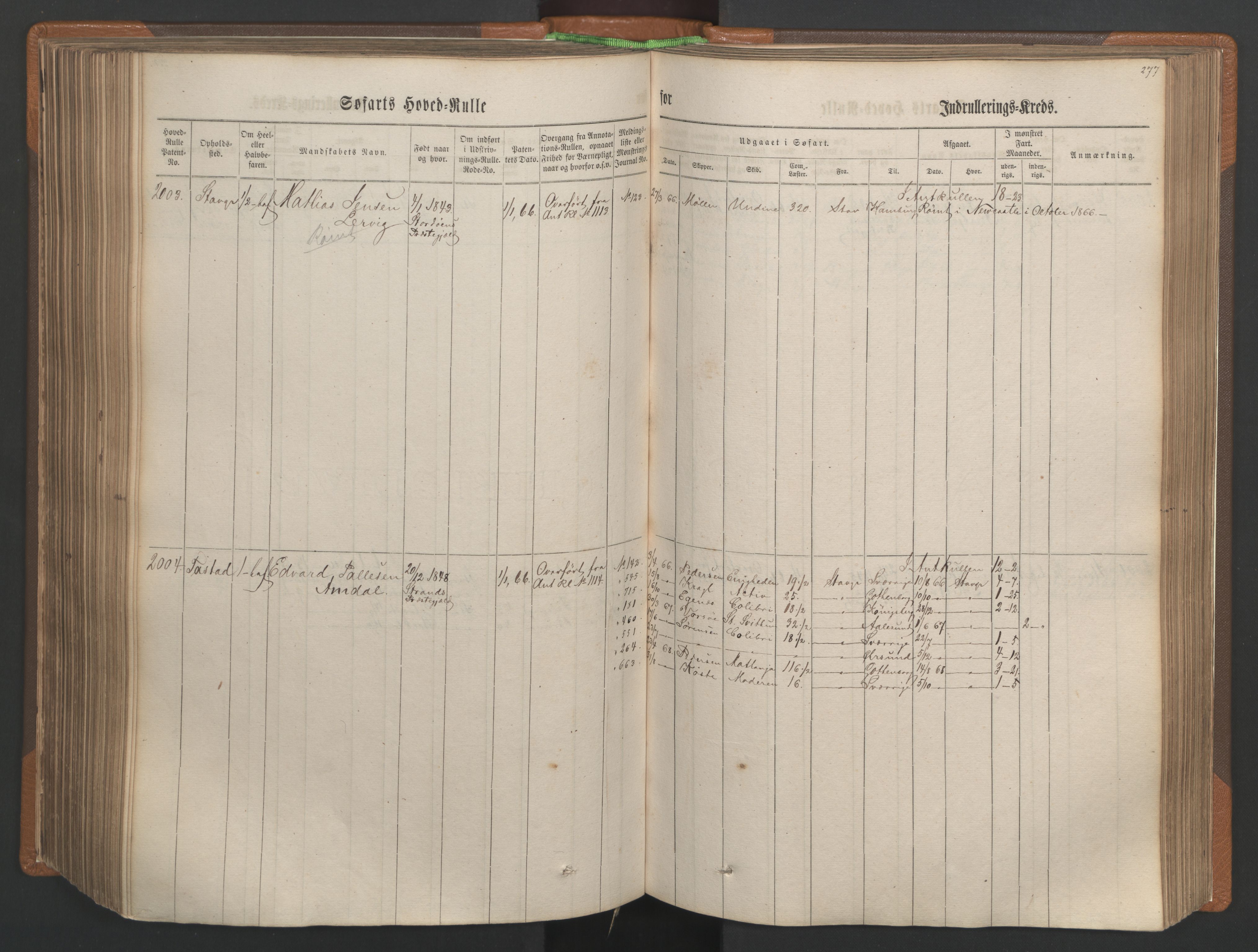 Stavanger sjømannskontor, AV/SAST-A-102006/F/Fb/Fbb/L0003: Sjøfartshovedrulle, patentnr. 1451-2270, 1863, p. 293