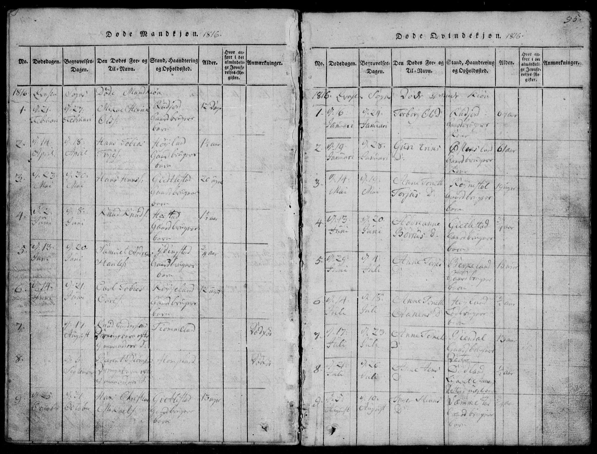 Lyngdal sokneprestkontor, SAK/1111-0029/F/Fb/Fbb/L0001: Parish register (copy) no. B 1, 1816-1900, p. 95