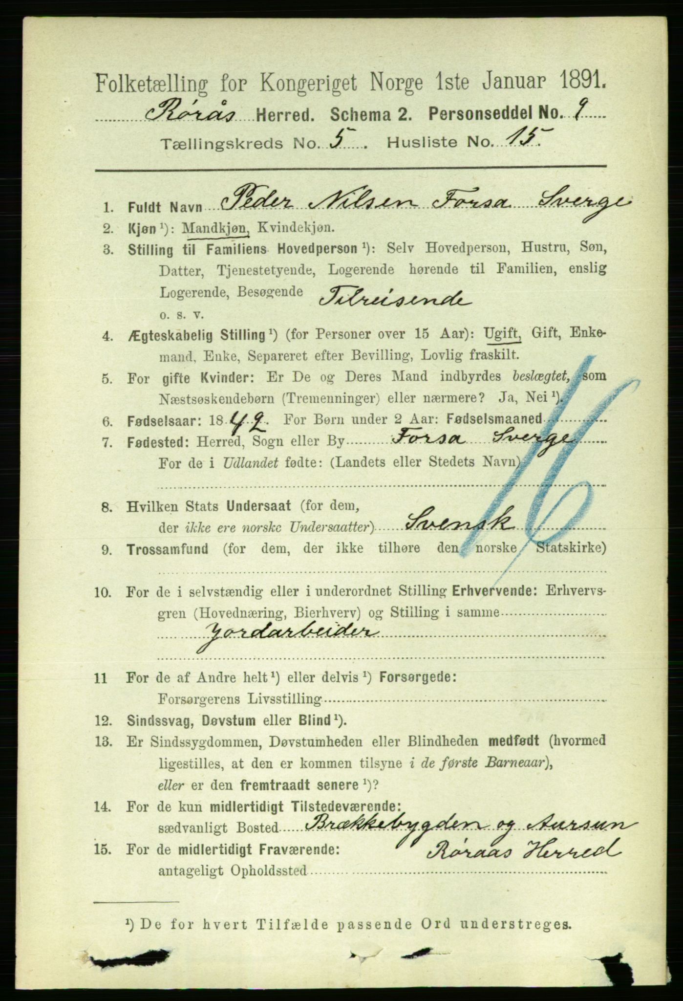 RA, 1891 census for 1640 Røros, 1891, p. 1109