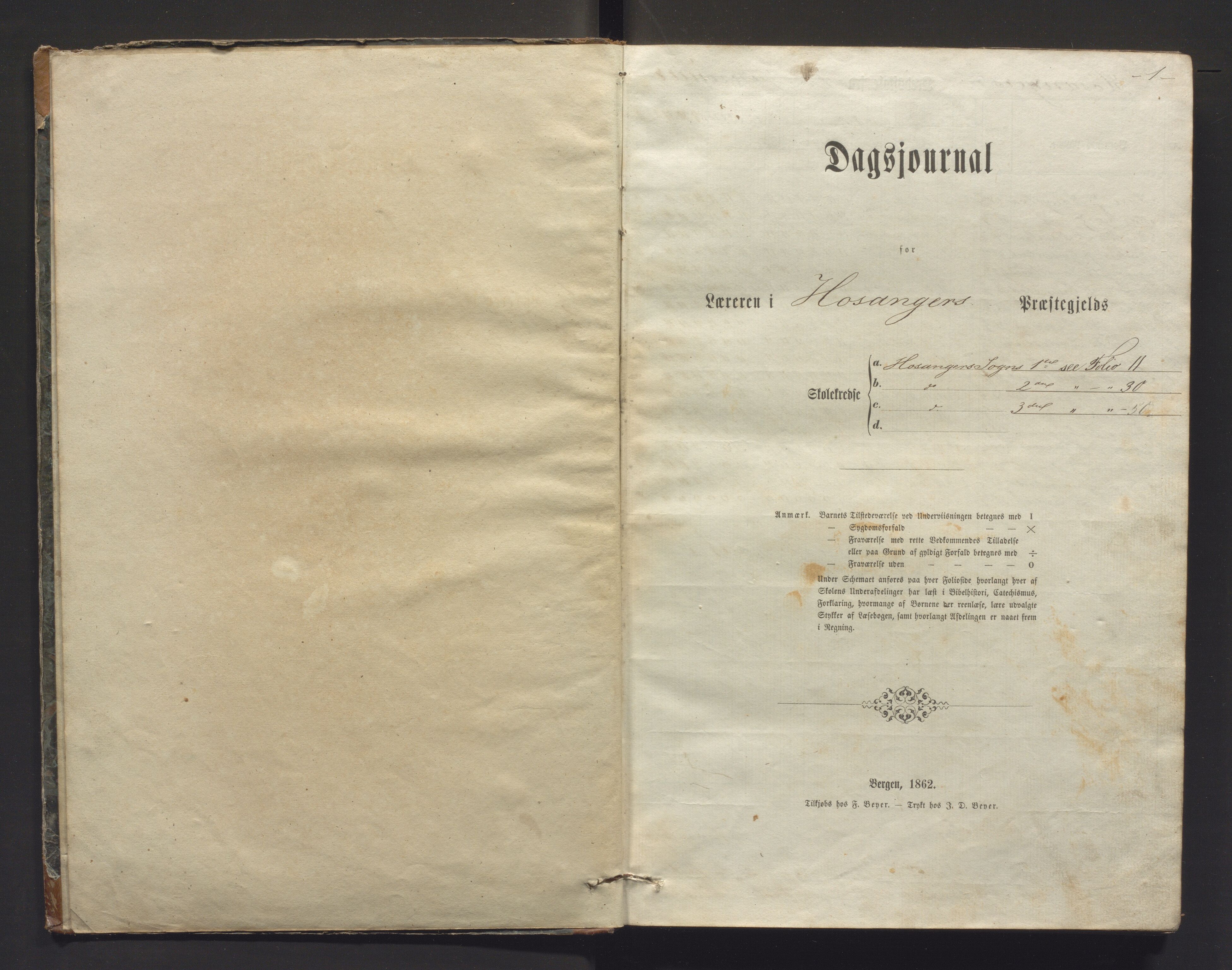 Hosanger kommune. Barneskulane, IKAH/1253a-231/G/Ga/L0001: Dagbok for læraren i Hosanger sokn 1., 2. og 3. krins m/karakterar, 1863-1870