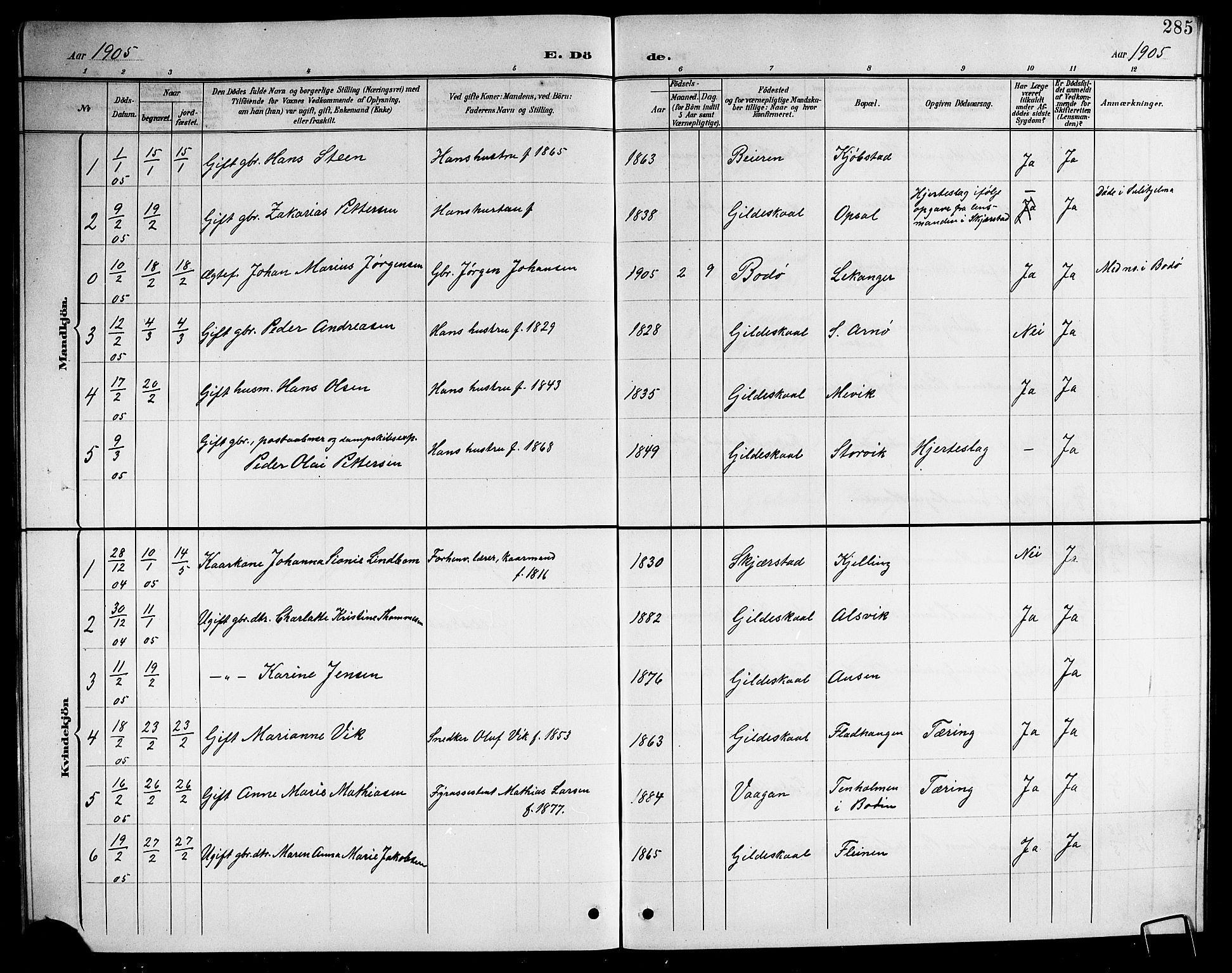 Ministerialprotokoller, klokkerbøker og fødselsregistre - Nordland, AV/SAT-A-1459/805/L0109: Parish register (copy) no. 805C05, 1900-1911, p. 285