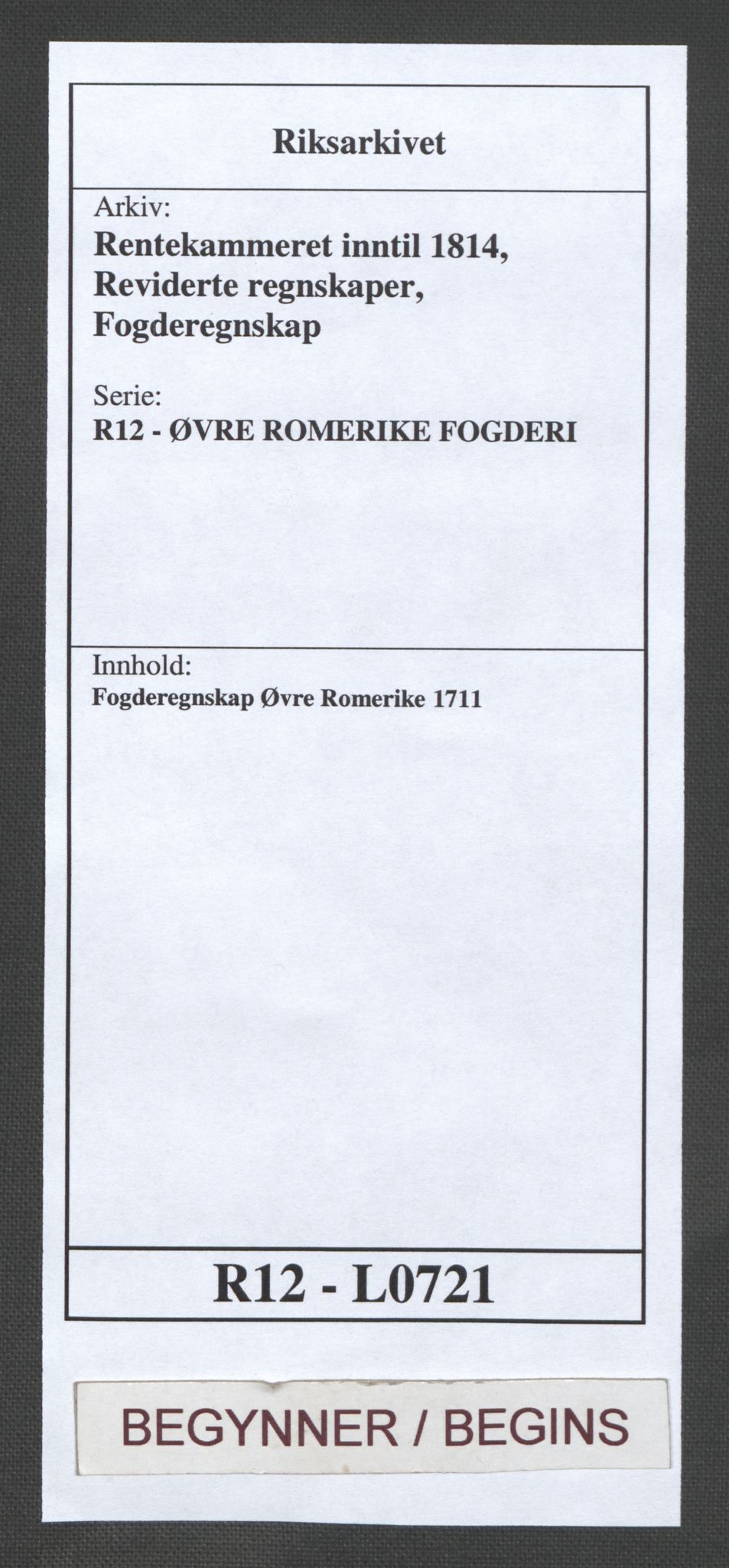 Rentekammeret inntil 1814, Reviderte regnskaper, Fogderegnskap, AV/RA-EA-4092/R12/L0721: Fogderegnskap Øvre Romerike, 1711, p. 1