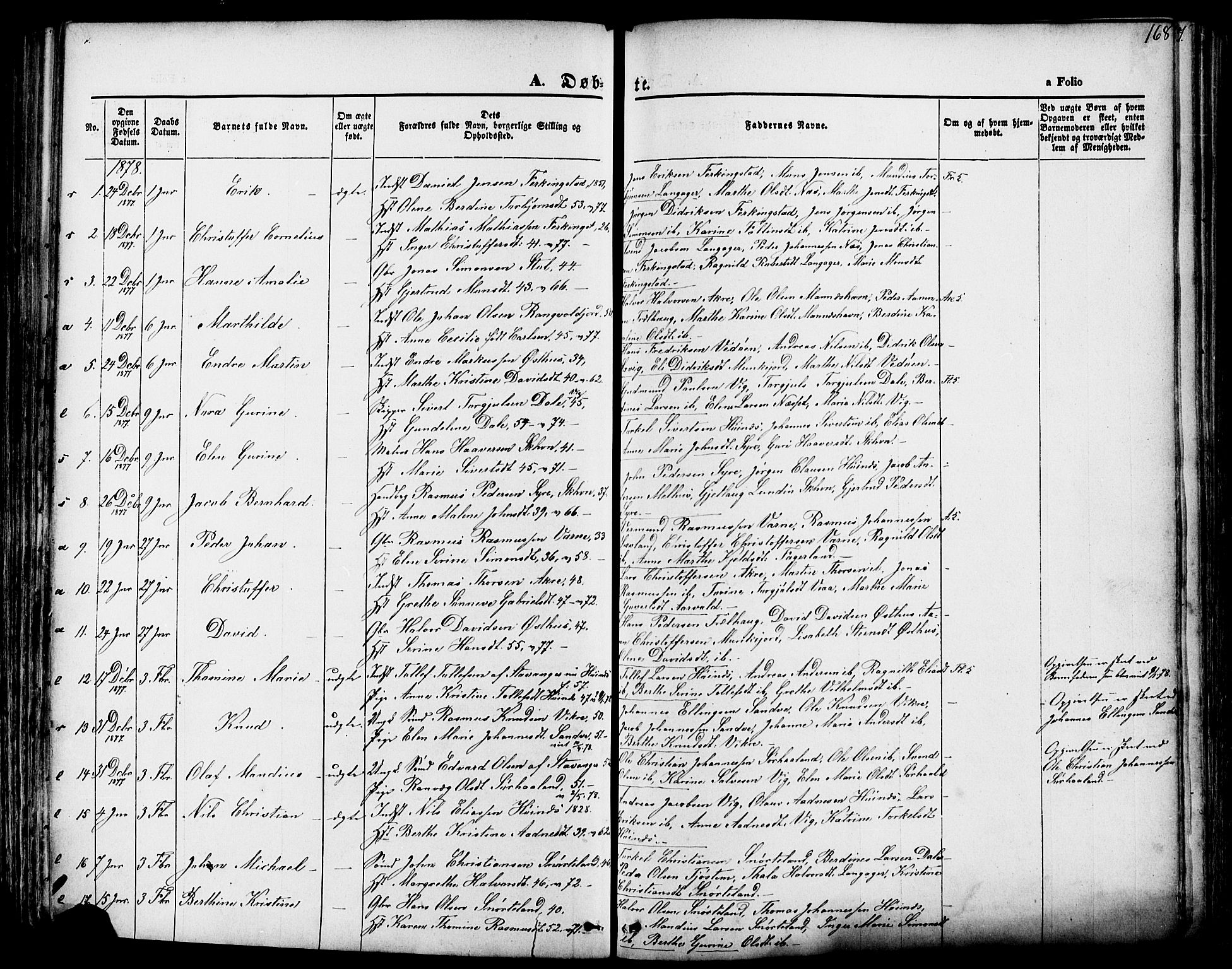 Skudenes sokneprestkontor, SAST/A -101849/H/Ha/Haa/L0006: Parish register (official) no. A 4, 1864-1881, p. 168