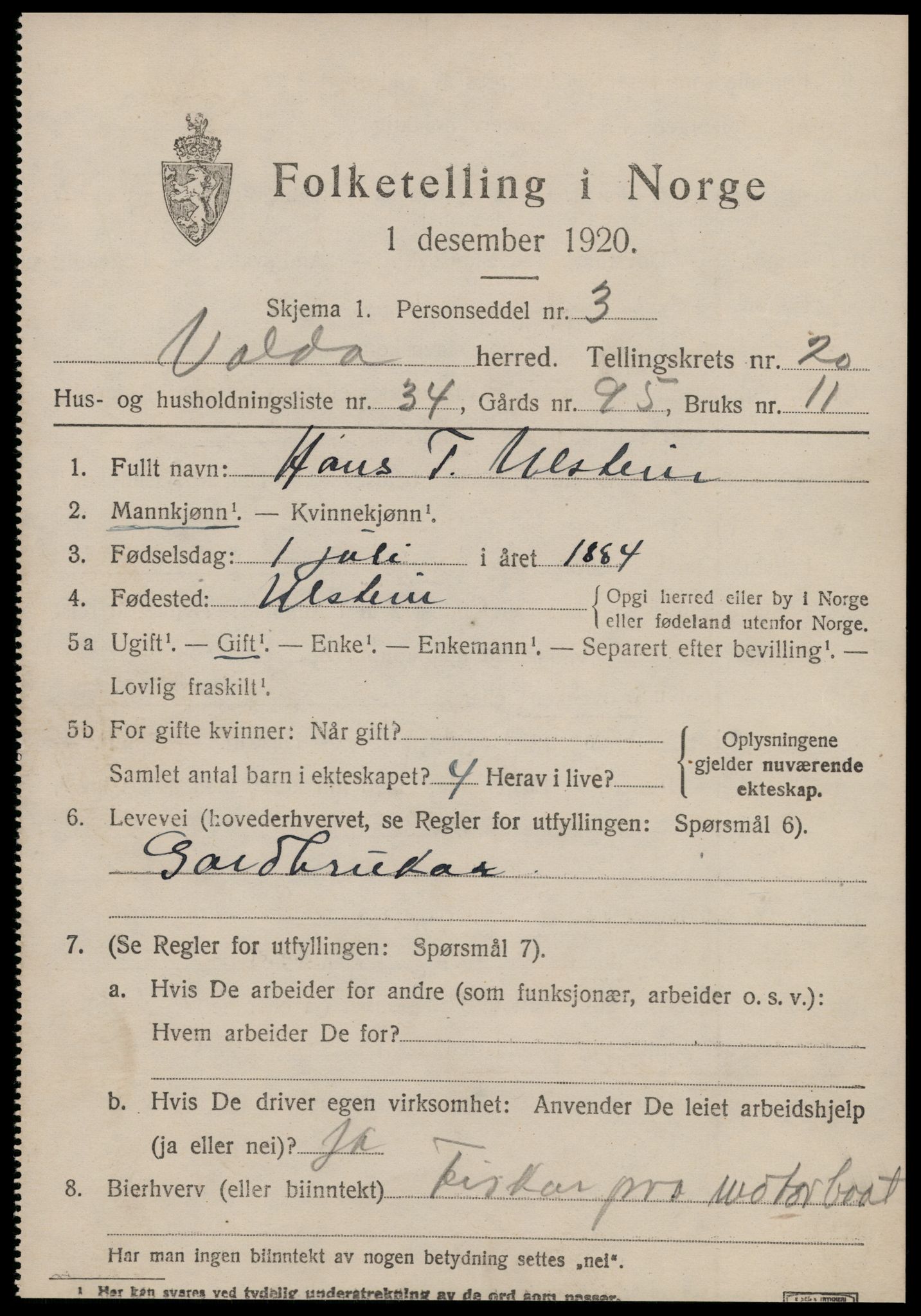 SAT, 1920 census for Volda, 1920, p. 10922