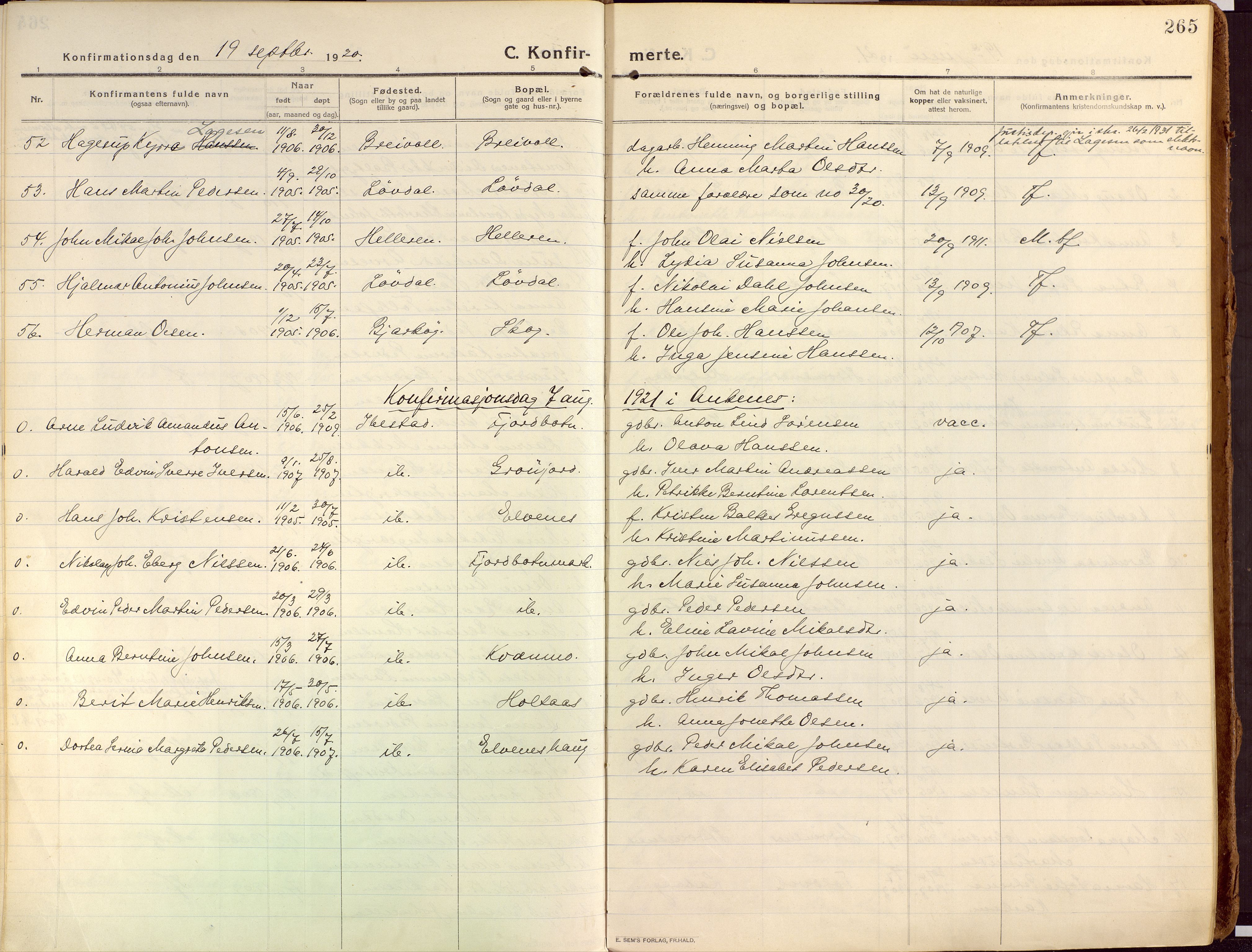 Ibestad sokneprestembete, SATØ/S-0077/H/Ha/Haa/L0018kirke: Parish register (official) no. 18, 1915-1929, p. 265