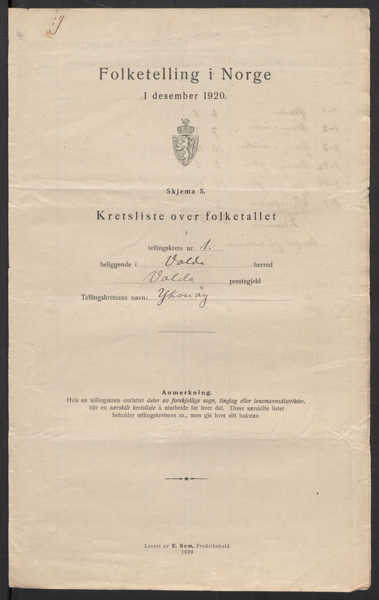 SAT, 1920 census for Volda, 1920, p. 6