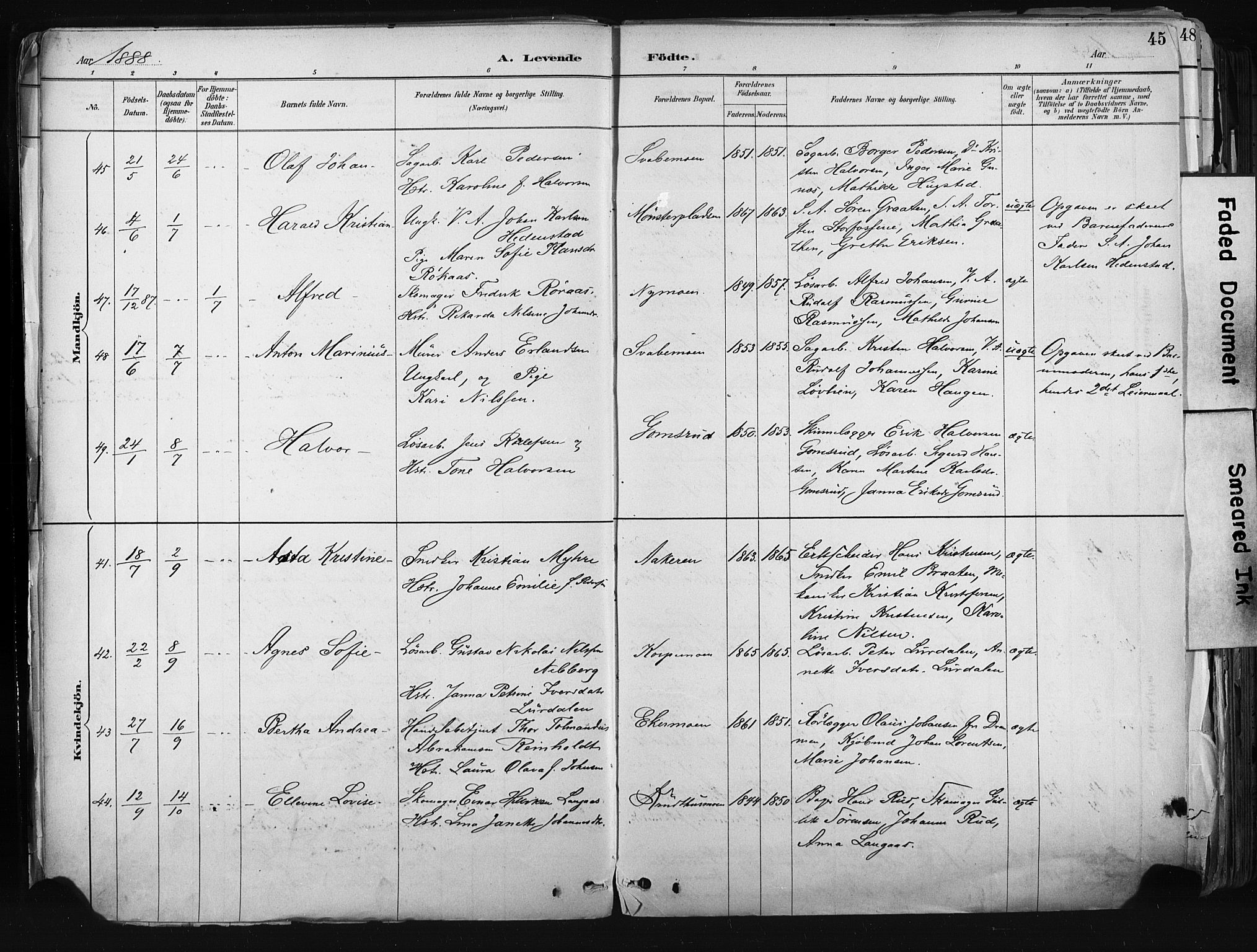 Kongsberg kirkebøker, AV/SAKO-A-22/F/Fb/L0002: Parish register (official) no. II 2, 1886-1896, p. 45