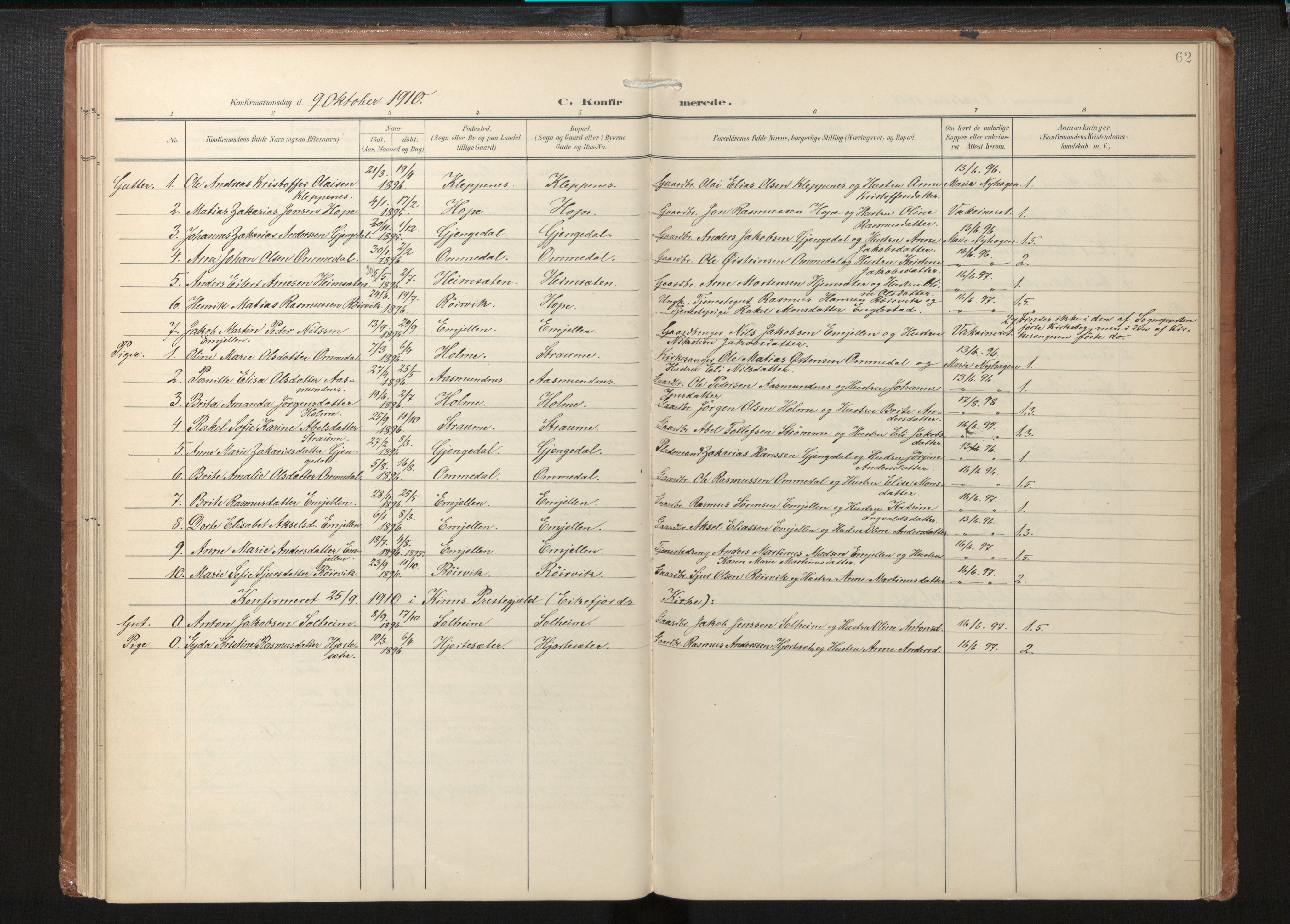 Gloppen sokneprestembete, AV/SAB-A-80101/H/Haa/Haae/L0002: Parish register (official) no. E 2, 1904-1925, p. 61b-62a