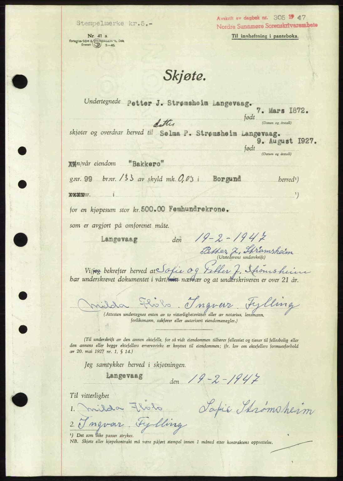 Nordre Sunnmøre sorenskriveri, AV/SAT-A-0006/1/2/2C/2Ca: Mortgage book no. A24, 1947-1947, Diary no: : 305/1947