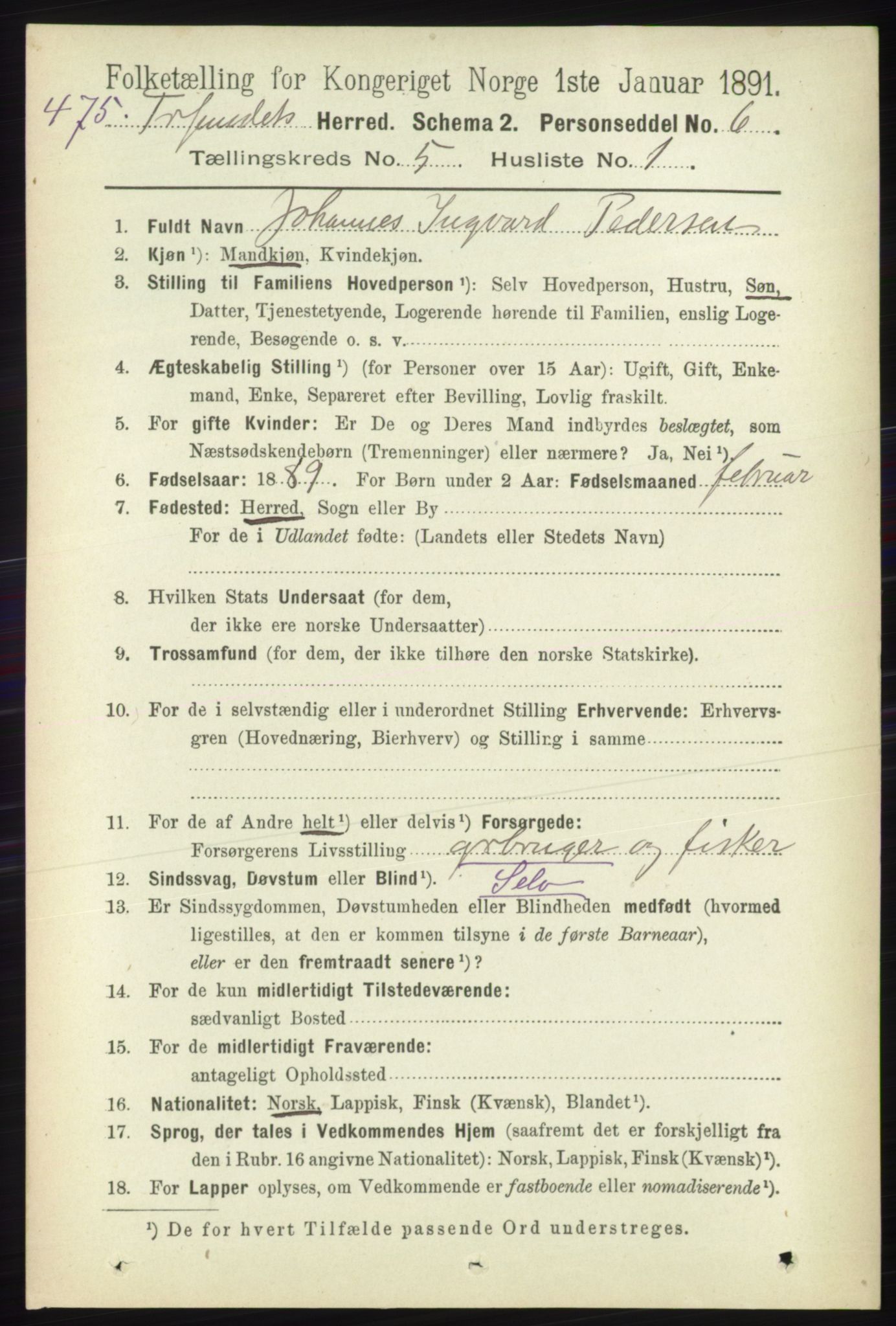 RA, 1891 census for 1934 Tromsøysund, 1891, p. 2329