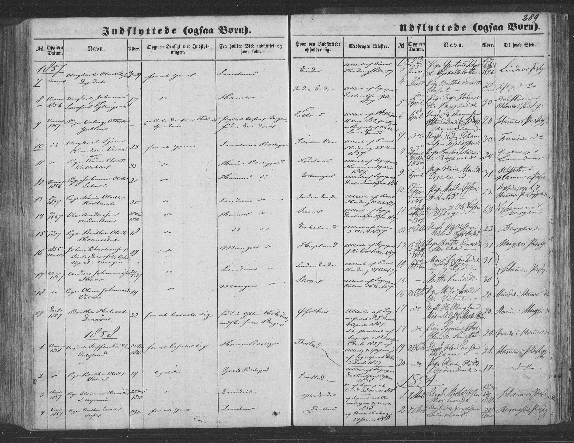 Hosanger sokneprestembete, SAB/A-75801/H/Haa: Parish register (official) no. A 8, 1849-1863, p. 289