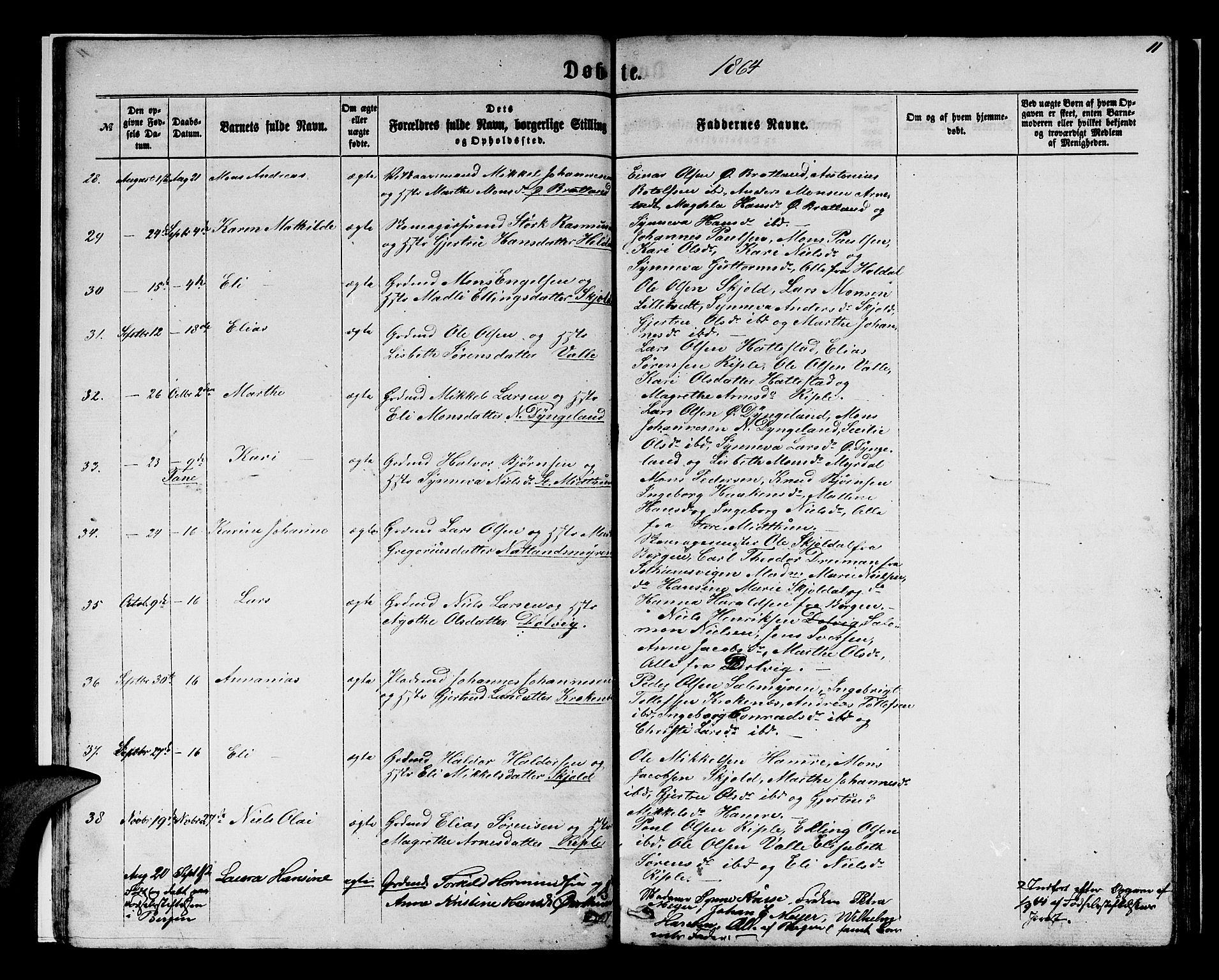 Birkeland Sokneprestembete, SAB/A-74601/H/Hab: Parish register (copy) no. A 2, 1863-1876, p. 11