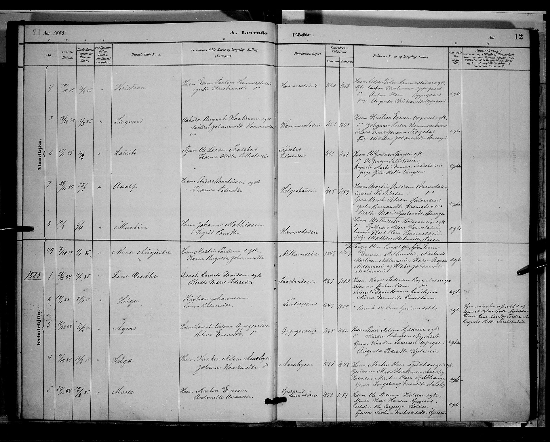 Østre Toten prestekontor, SAH/PREST-104/H/Ha/Hab/L0005: Parish register (copy) no. 5, 1884-1893, p. 12