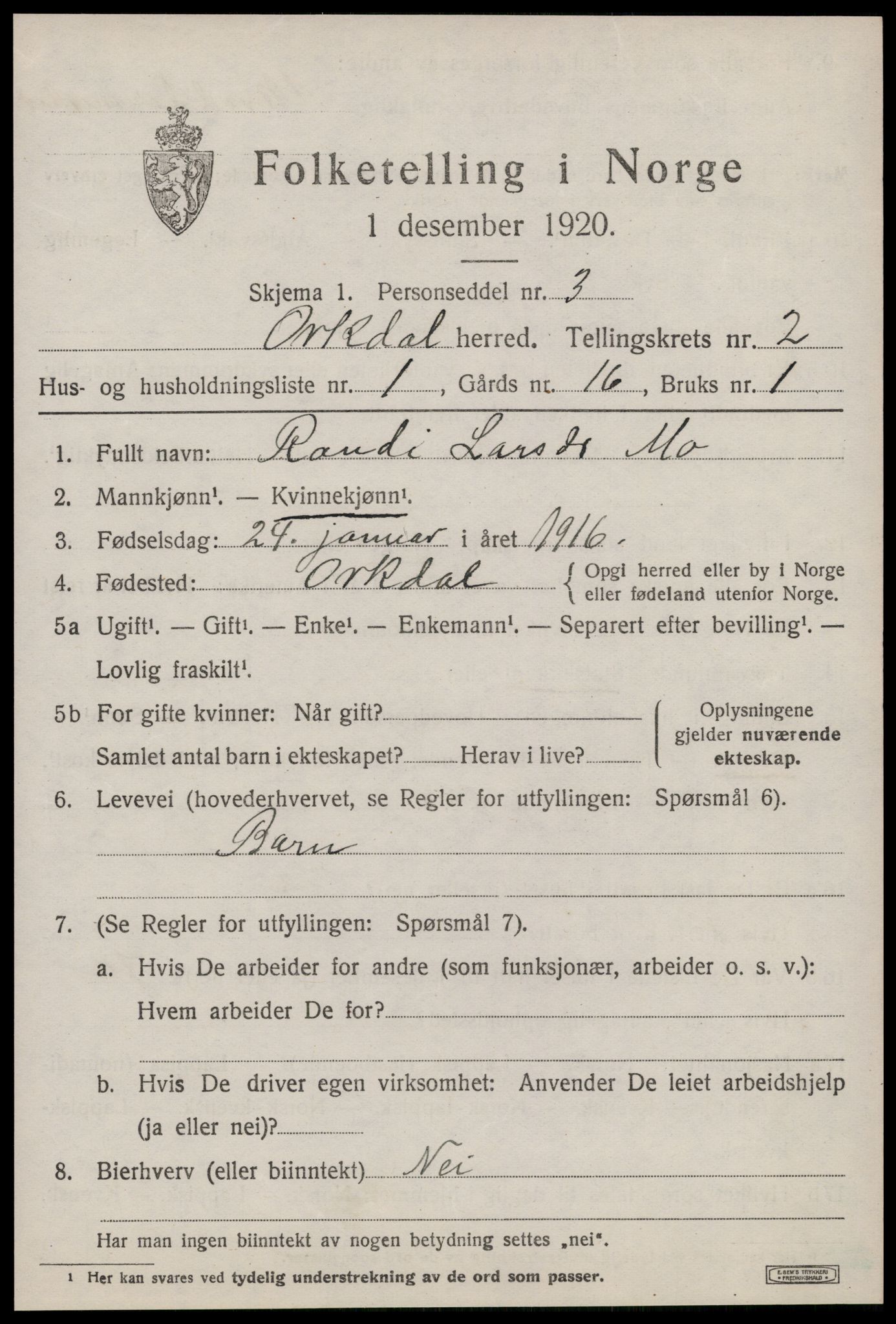 SAT, 1920 census for Orkdal, 1920, p. 2066