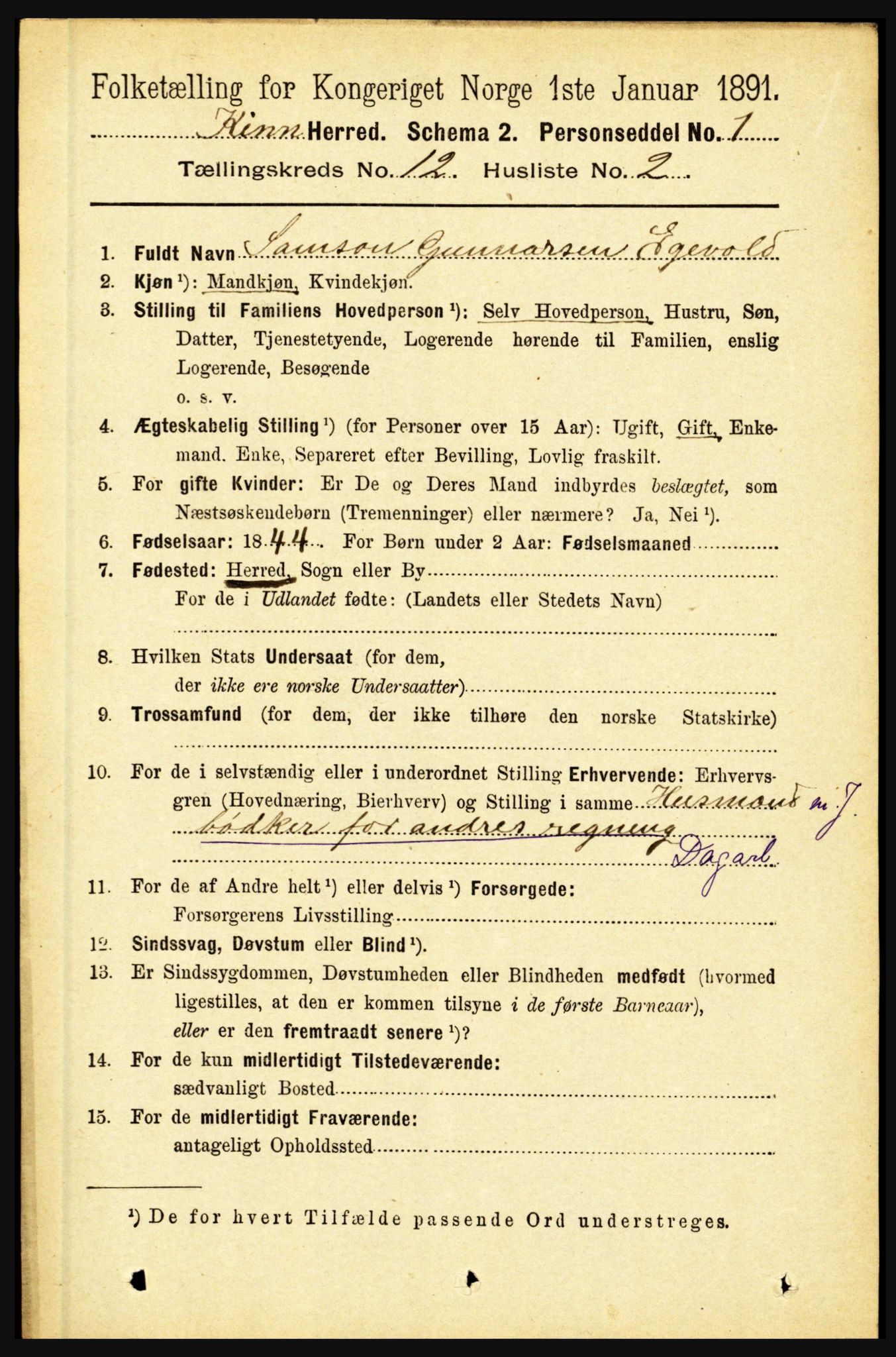 RA, 1891 census for 1437 Kinn, 1891, p. 4521