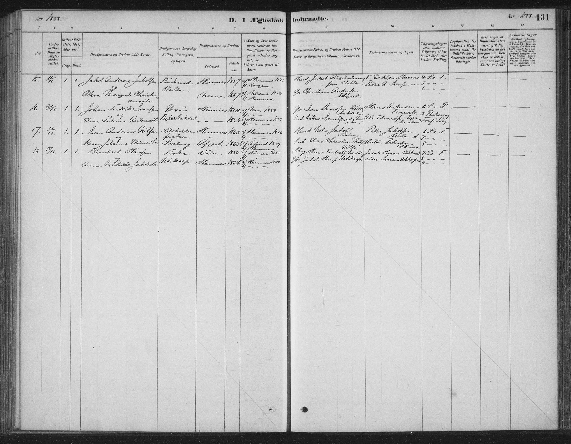 Ministerialprotokoller, klokkerbøker og fødselsregistre - Nordland, AV/SAT-A-1459/825/L0361: Parish register (official) no. 825A15, 1878-1893, p. 131