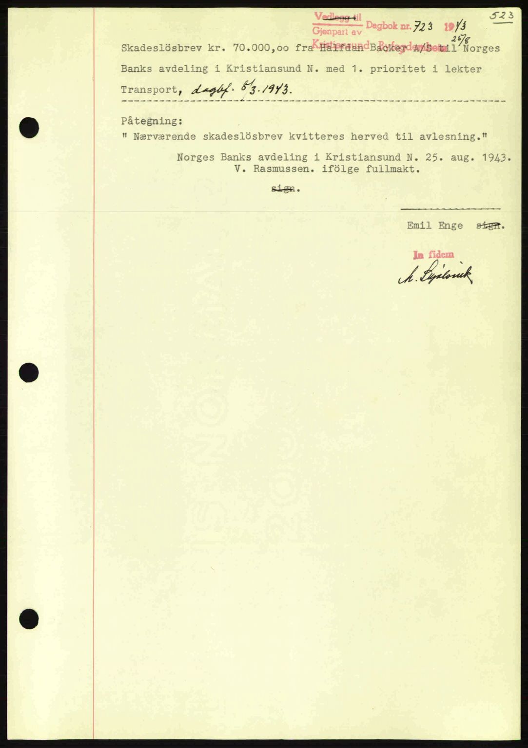 Kristiansund byfogd, SAT/A-4587/A/27: Mortgage book no. 36, 1942-1943, Diary no: : 723/1943