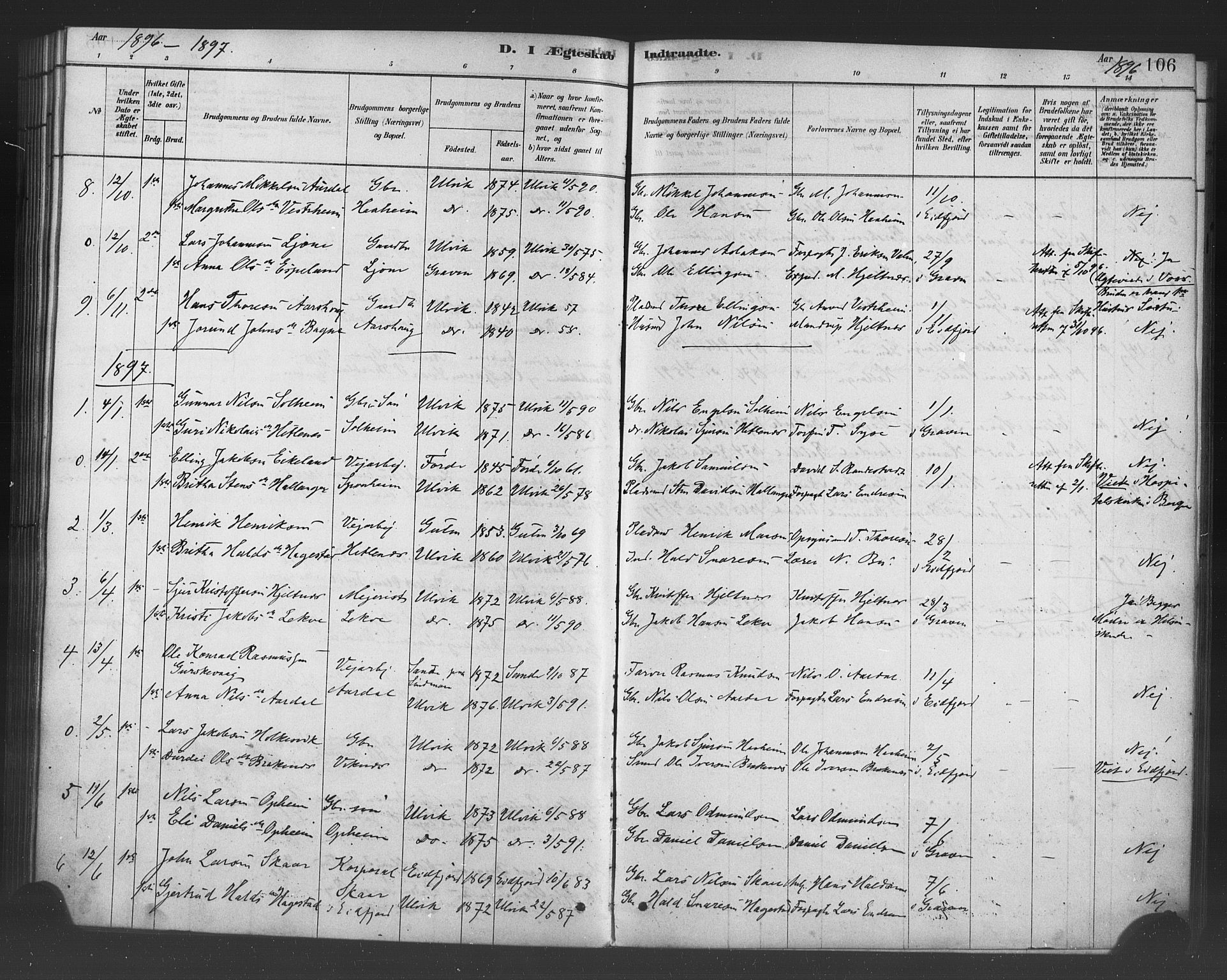 Ulvik sokneprestembete, SAB/A-78801/H/Haa: Parish register (official) no. B 1, 1878-1897, p. 106
