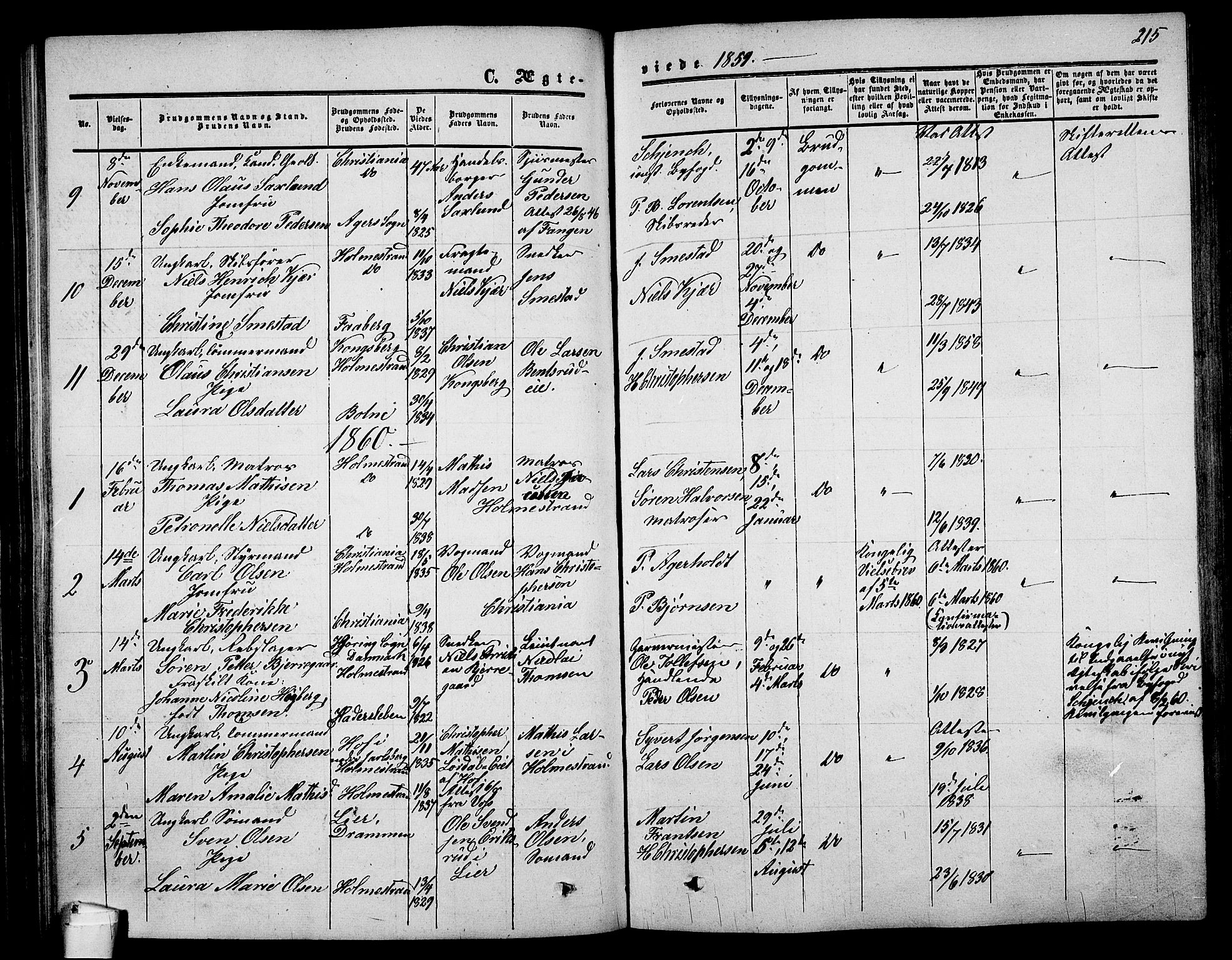 Holmestrand kirkebøker, AV/SAKO-A-346/G/Ga/L0003: Parish register (copy) no. 3, 1849-1874, p. 215