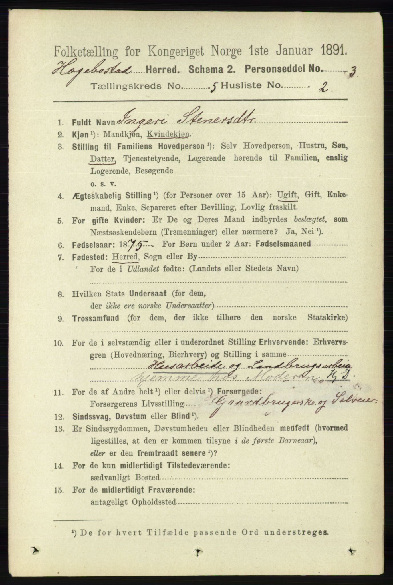 RA, 1891 census for 1034 Hægebostad, 1891, p. 1496