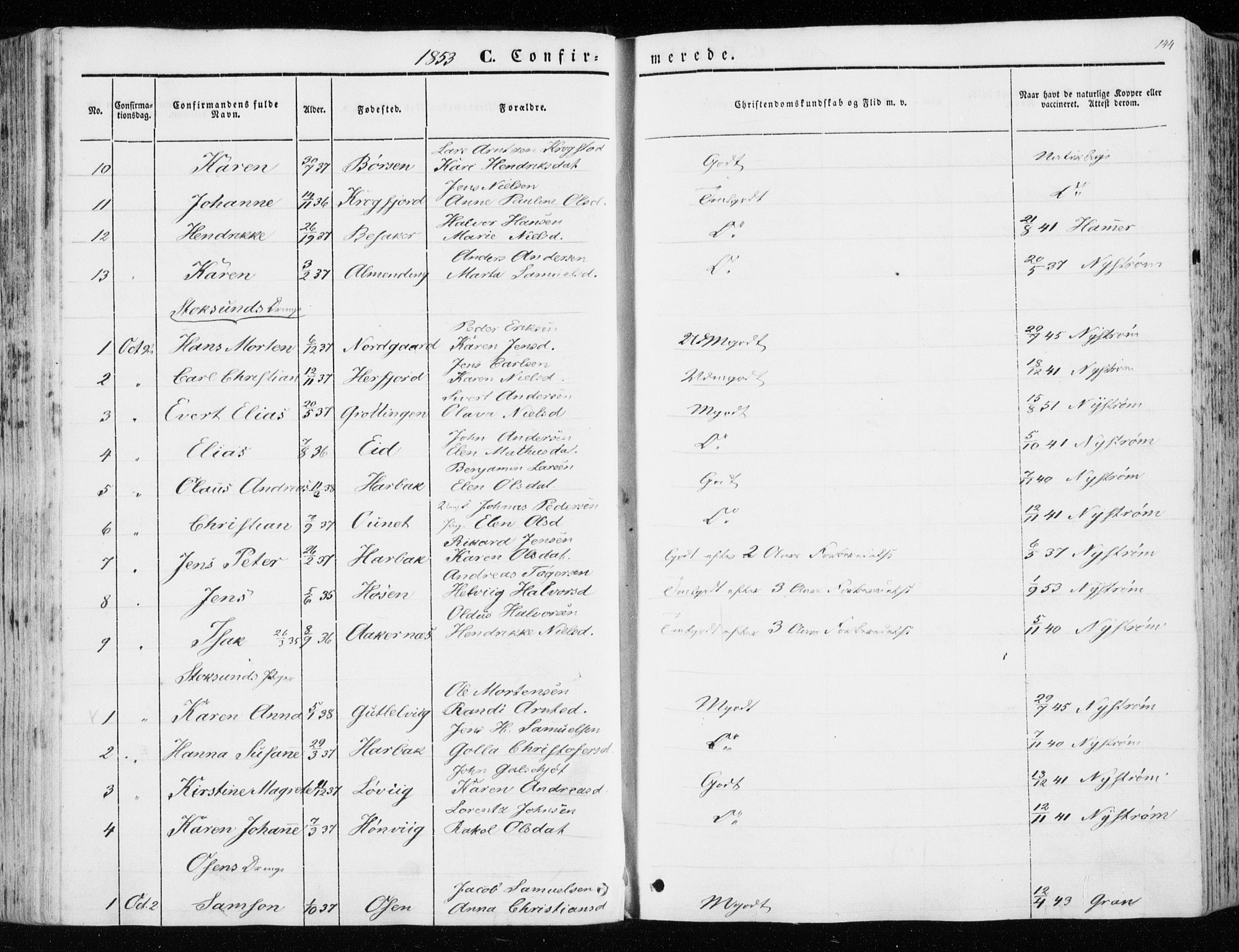 Ministerialprotokoller, klokkerbøker og fødselsregistre - Sør-Trøndelag, AV/SAT-A-1456/657/L0704: Parish register (official) no. 657A05, 1846-1857, p. 144