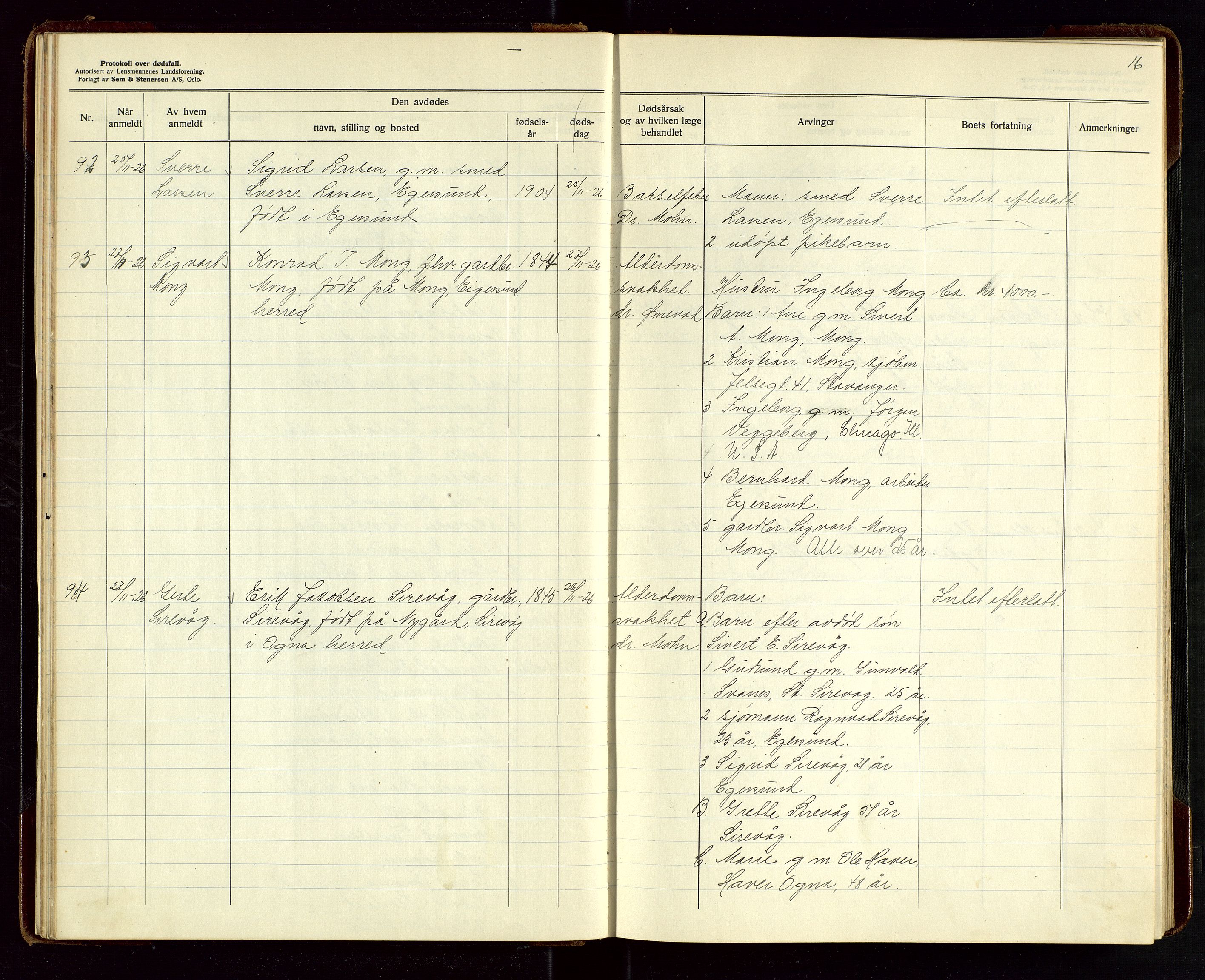 Eigersund lensmannskontor, AV/SAST-A-100171/Gga/L0010: "Protokoll over anmeldte dødsfall" m/alfabetisk navneregister, 1926-1928, p. 16