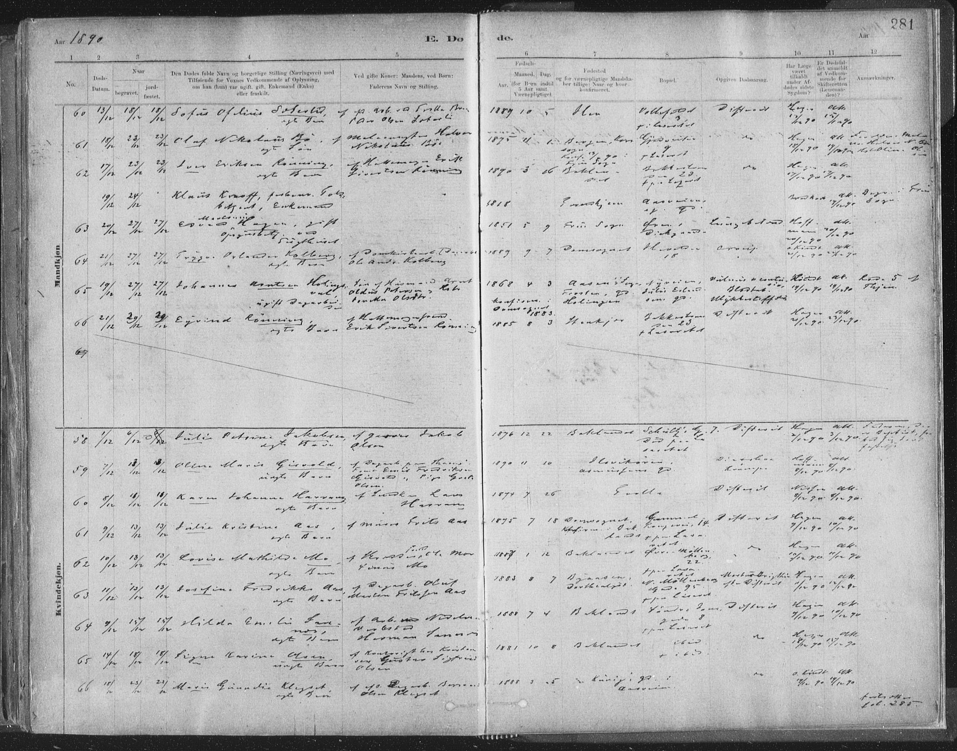 Ministerialprotokoller, klokkerbøker og fødselsregistre - Sør-Trøndelag, SAT/A-1456/603/L0162: Parish register (official) no. 603A01, 1879-1895, p. 281