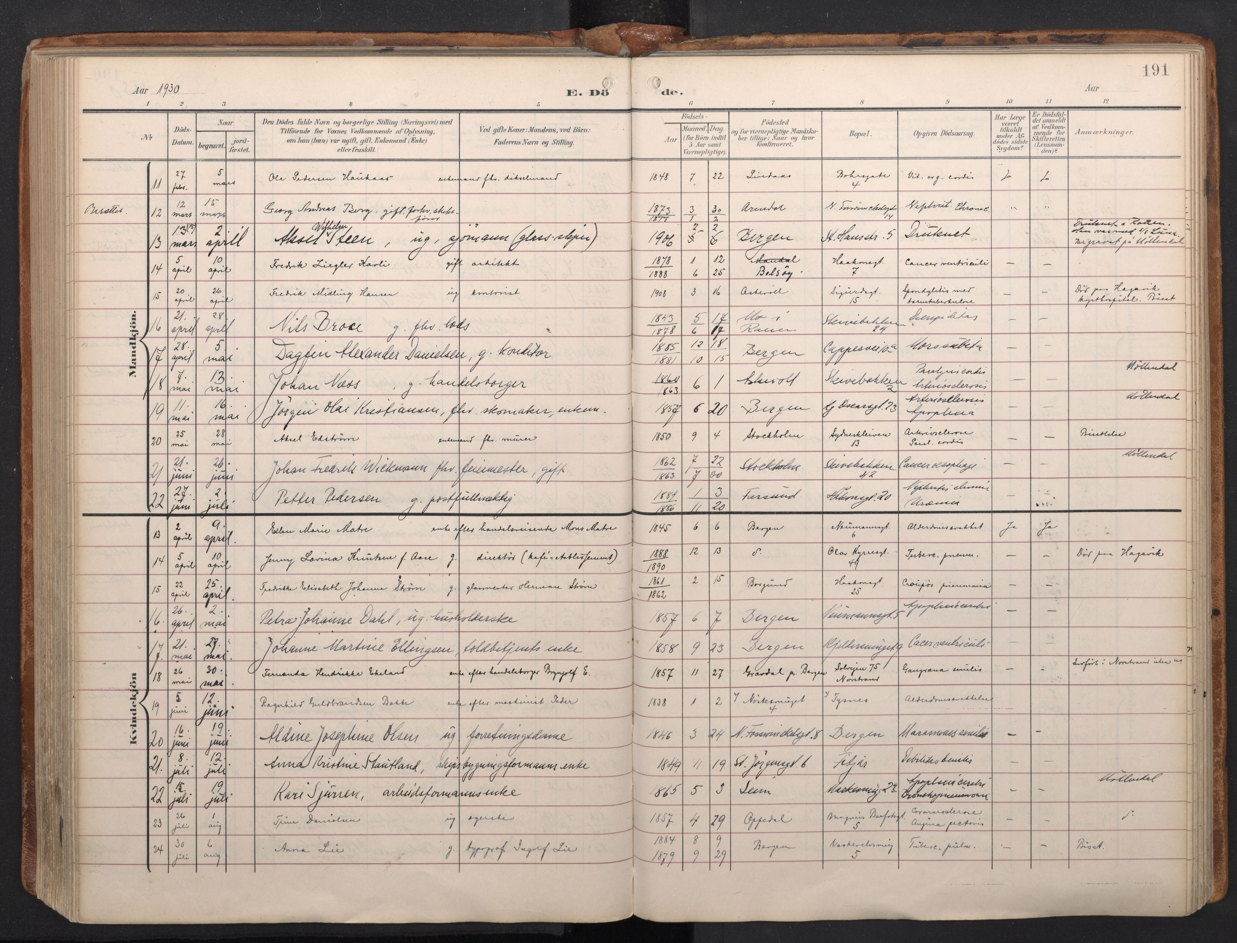 Domkirken sokneprestembete, SAB/A-74801/H/Haa/L0044: Parish register (official) no. E 6, 1904-1946, p. 190b-191a