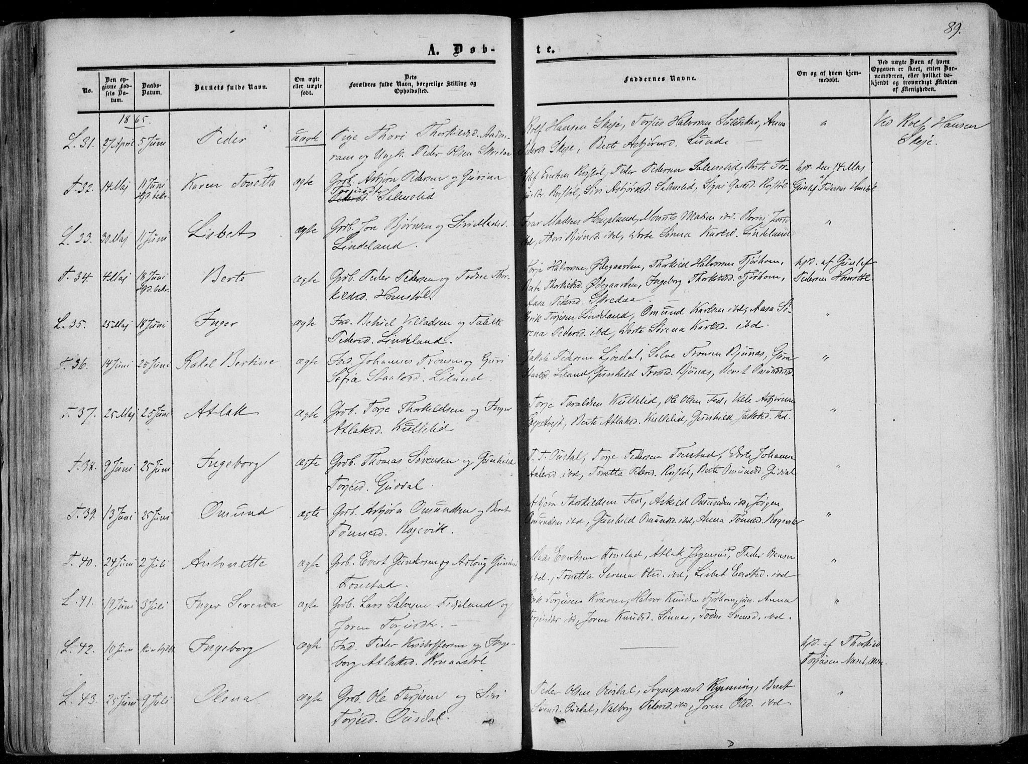 Sirdal sokneprestkontor, AV/SAK-1111-0036/F/Fa/Fab/L0002: Parish register (official) no. A 2, 1855-1874, p. 89