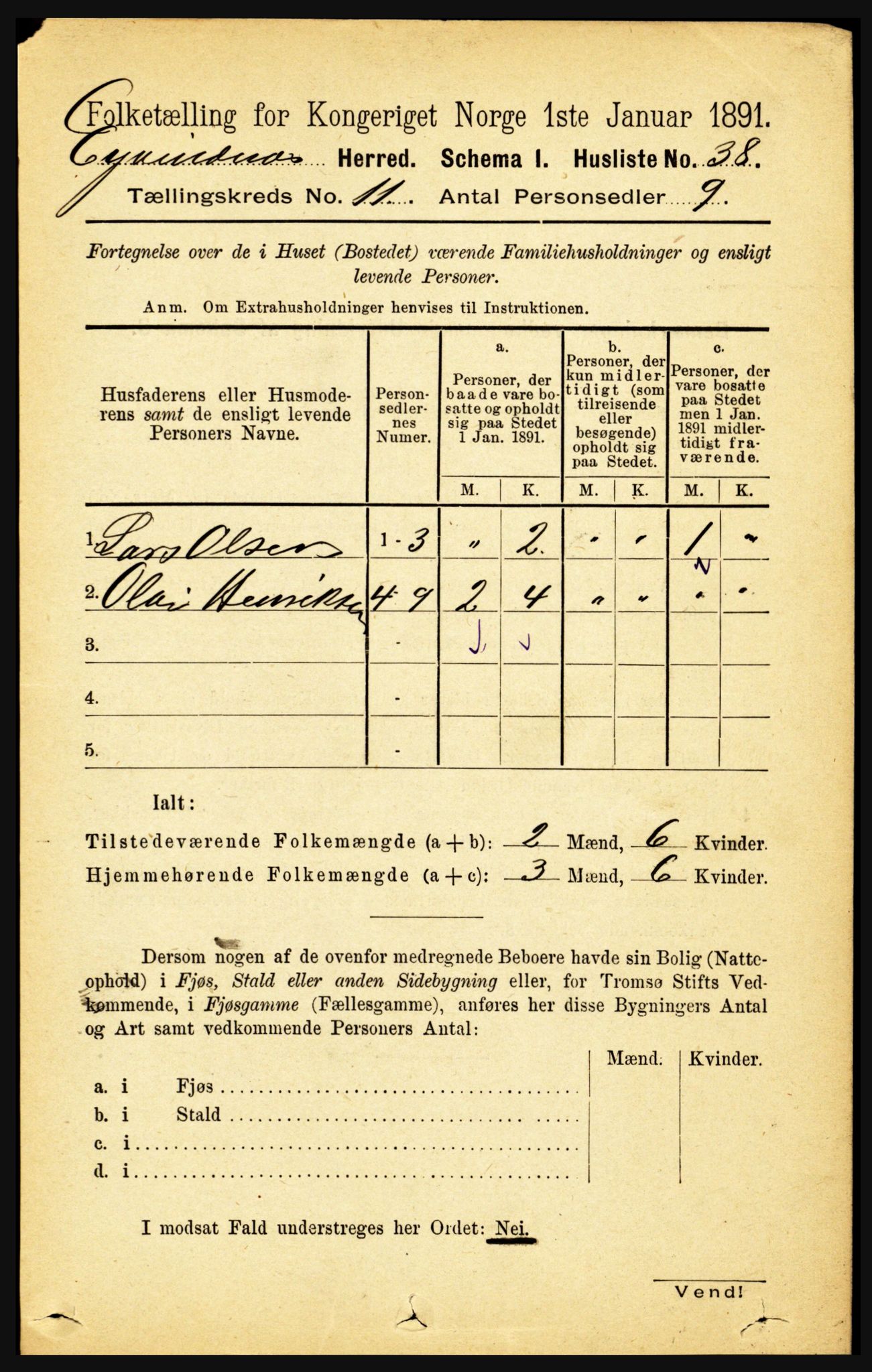 RA, 1891 census for 1853 Evenes, 1891, p. 3461