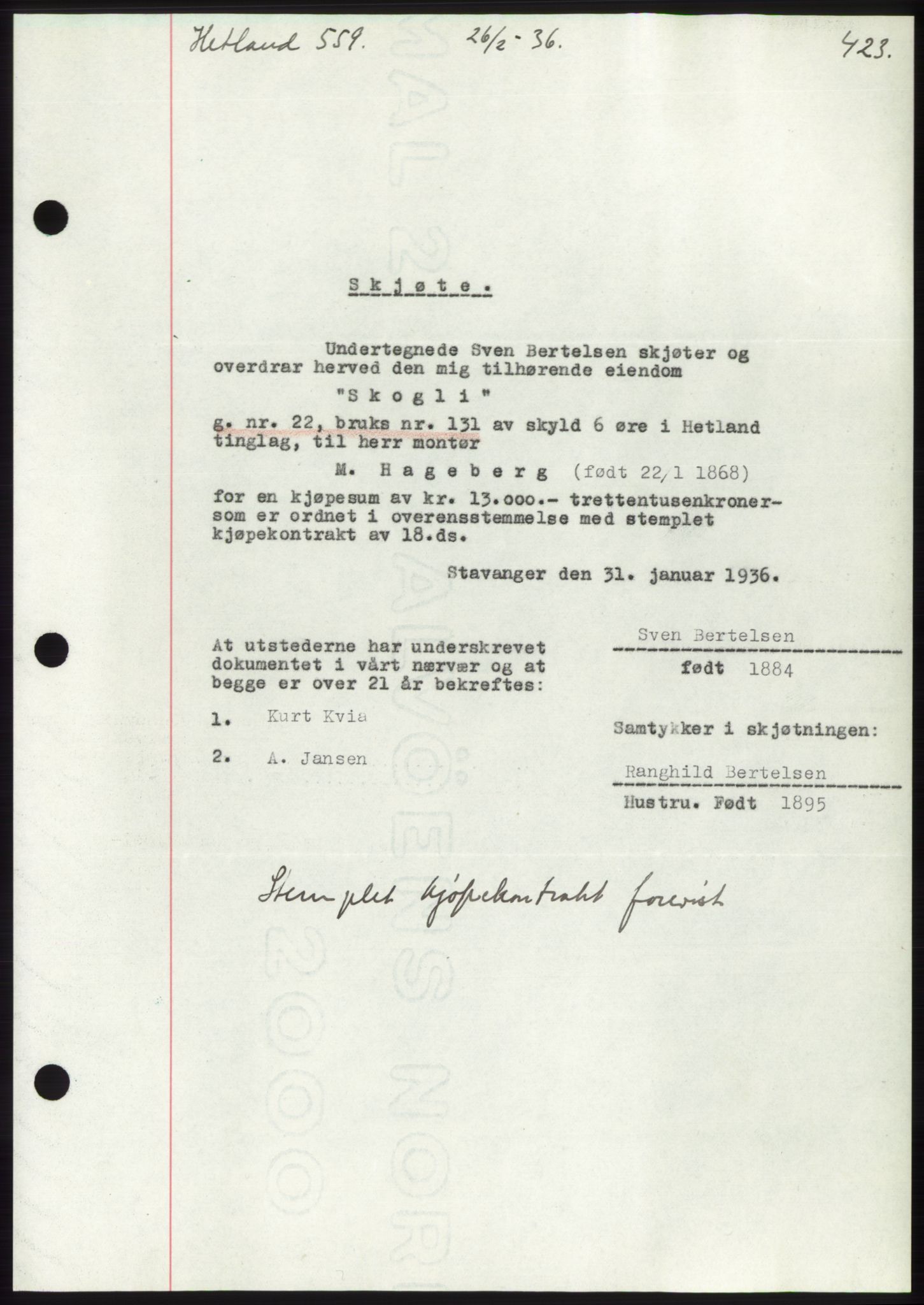 Jæren sorenskriveri, SAST/A-100310/03/G/Gba/L0064: Mortgage book no. 70, 1935-1936, Deed date: 26.02.1936