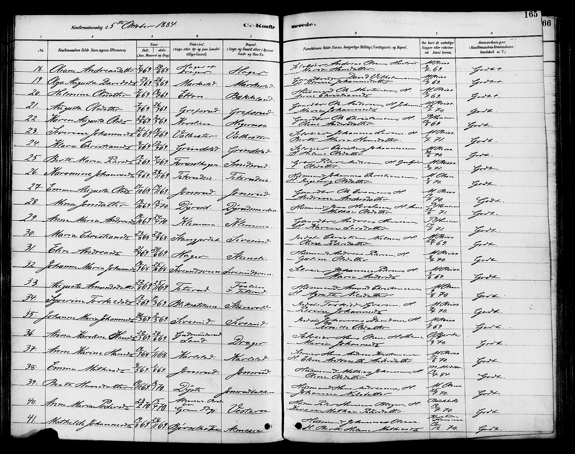 Vestre Toten prestekontor, AV/SAH-PREST-108/H/Ha/Haa/L0009: Parish register (official) no. 9, 1878-1894, p. 165