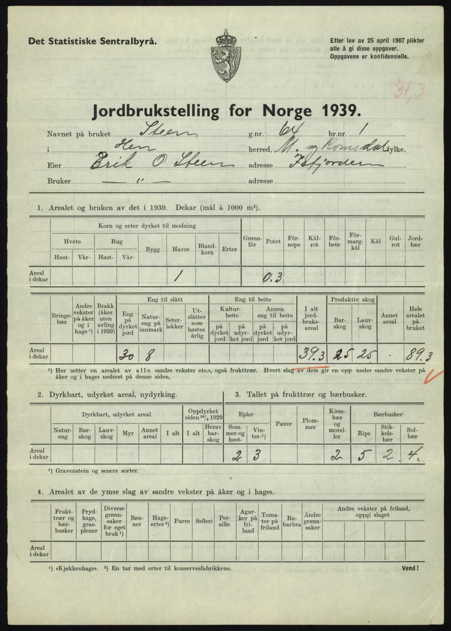 Statistisk sentralbyrå, Næringsøkonomiske emner, Jordbruk, skogbruk, jakt, fiske og fangst, AV/RA-S-2234/G/Gb/L0251: Møre og Romsdal: Voll, Eid, Grytten og Hen, 1939, p. 1257