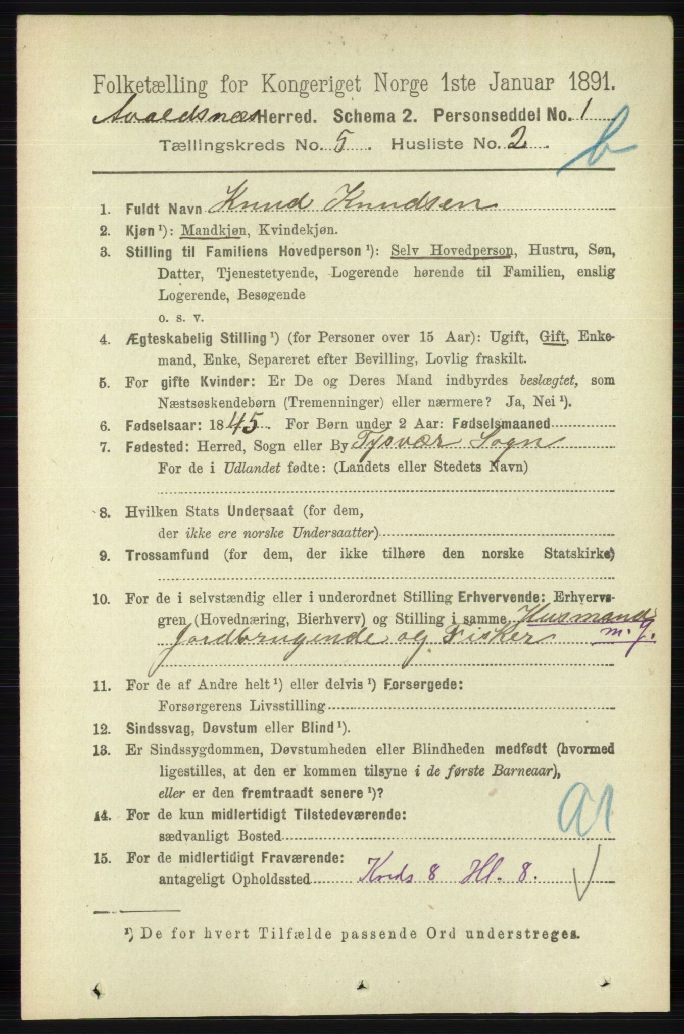 RA, 1891 census for 1147 Avaldsnes, 1891, p. 3026