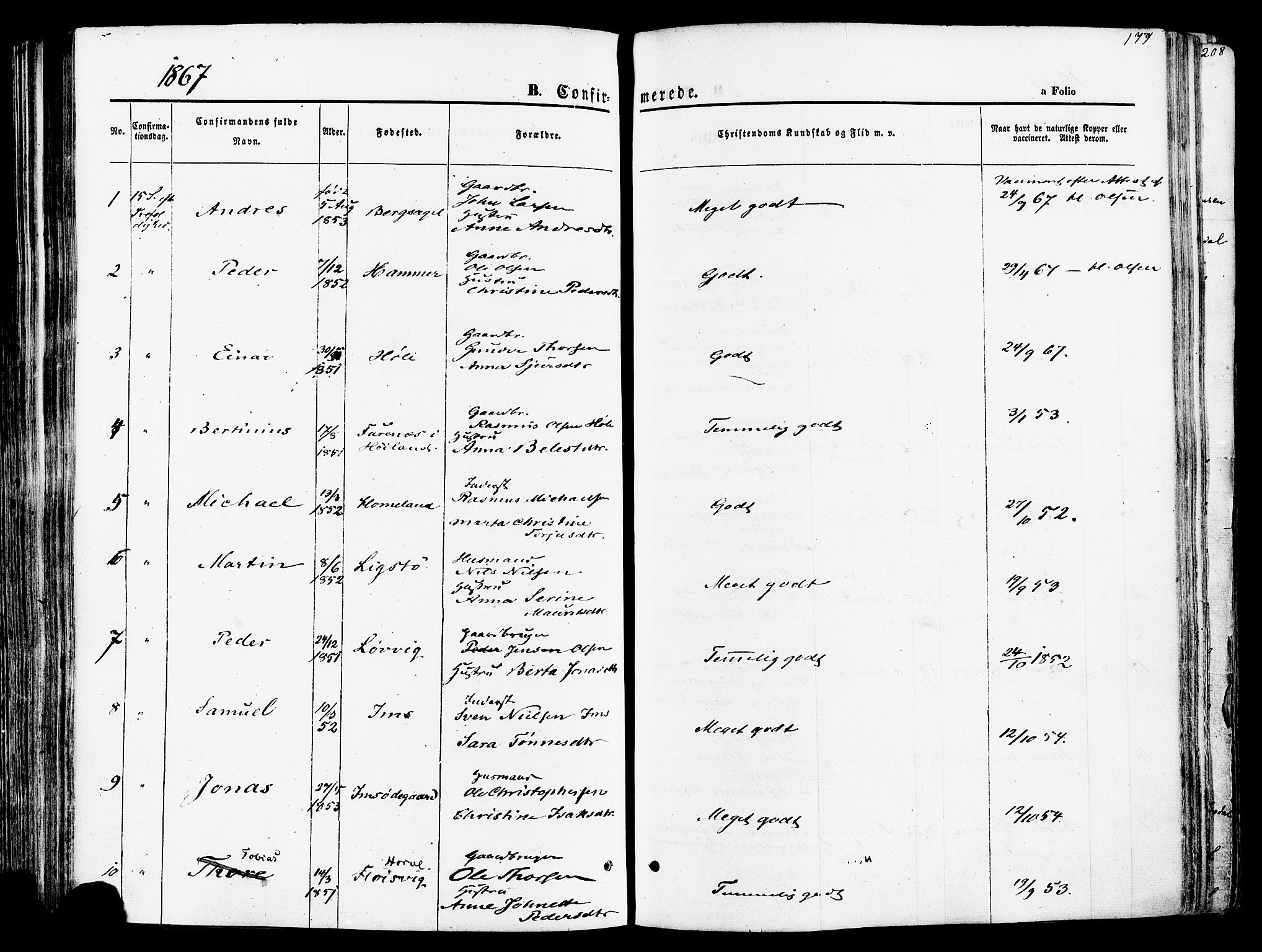 Høgsfjord sokneprestkontor, SAST/A-101624/H/Ha/Haa/L0002: Parish register (official) no. A 2, 1855-1885, p. 179