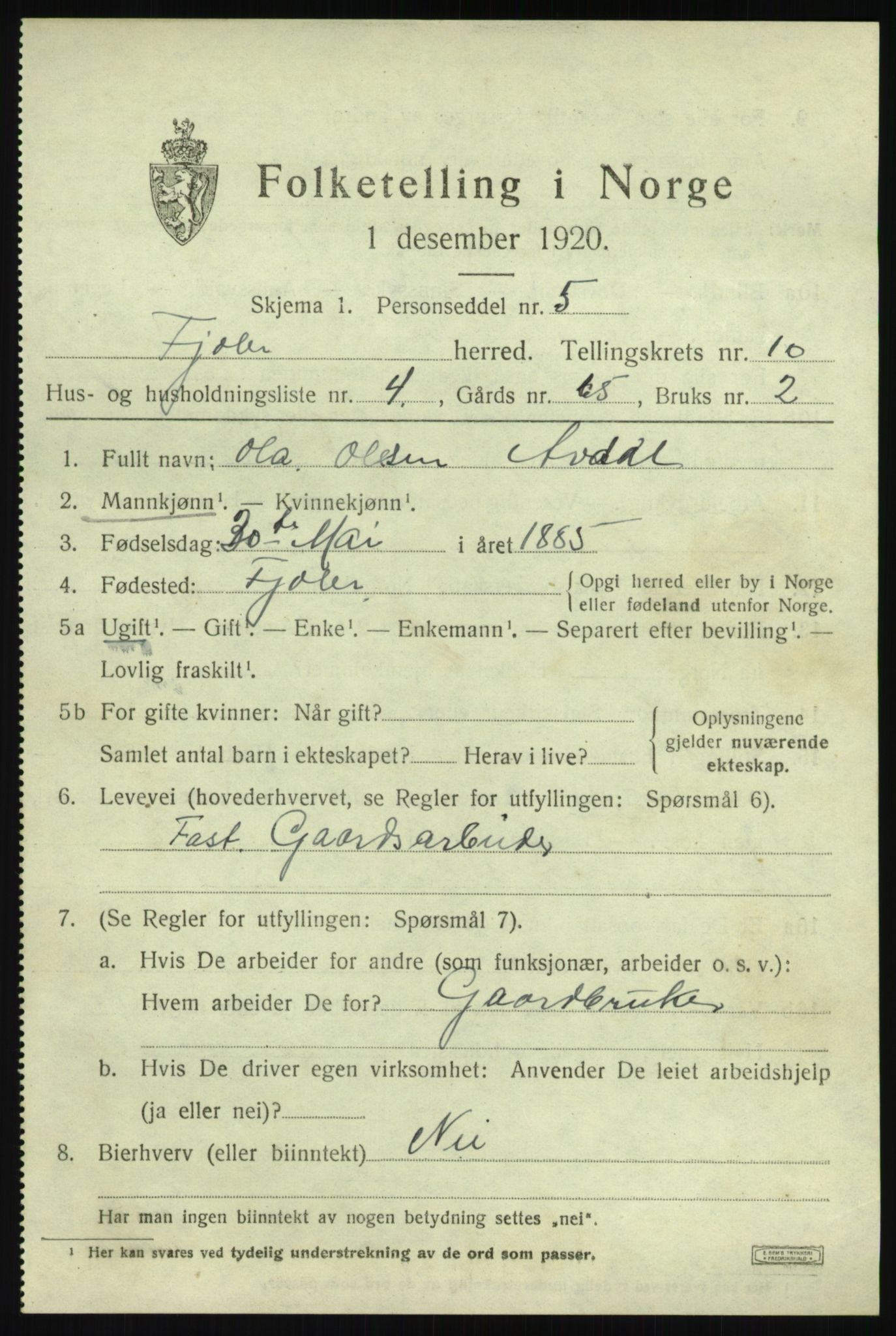 SAB, 1920 census for Fjaler, 1920, p. 5005