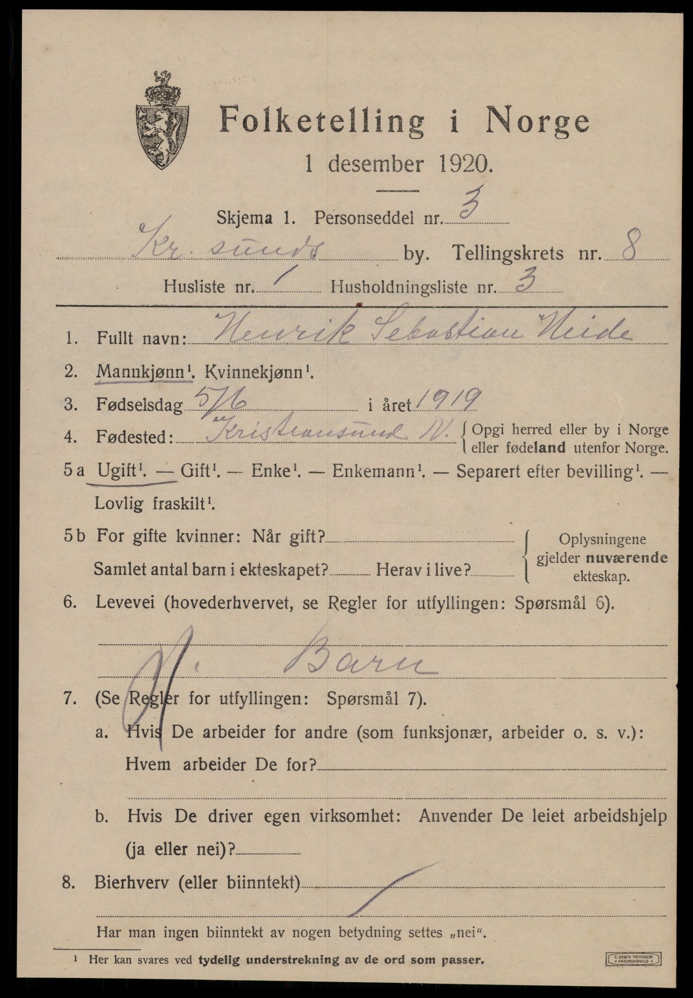 SAT, 1920 census for Kristiansund, 1920, p. 19845