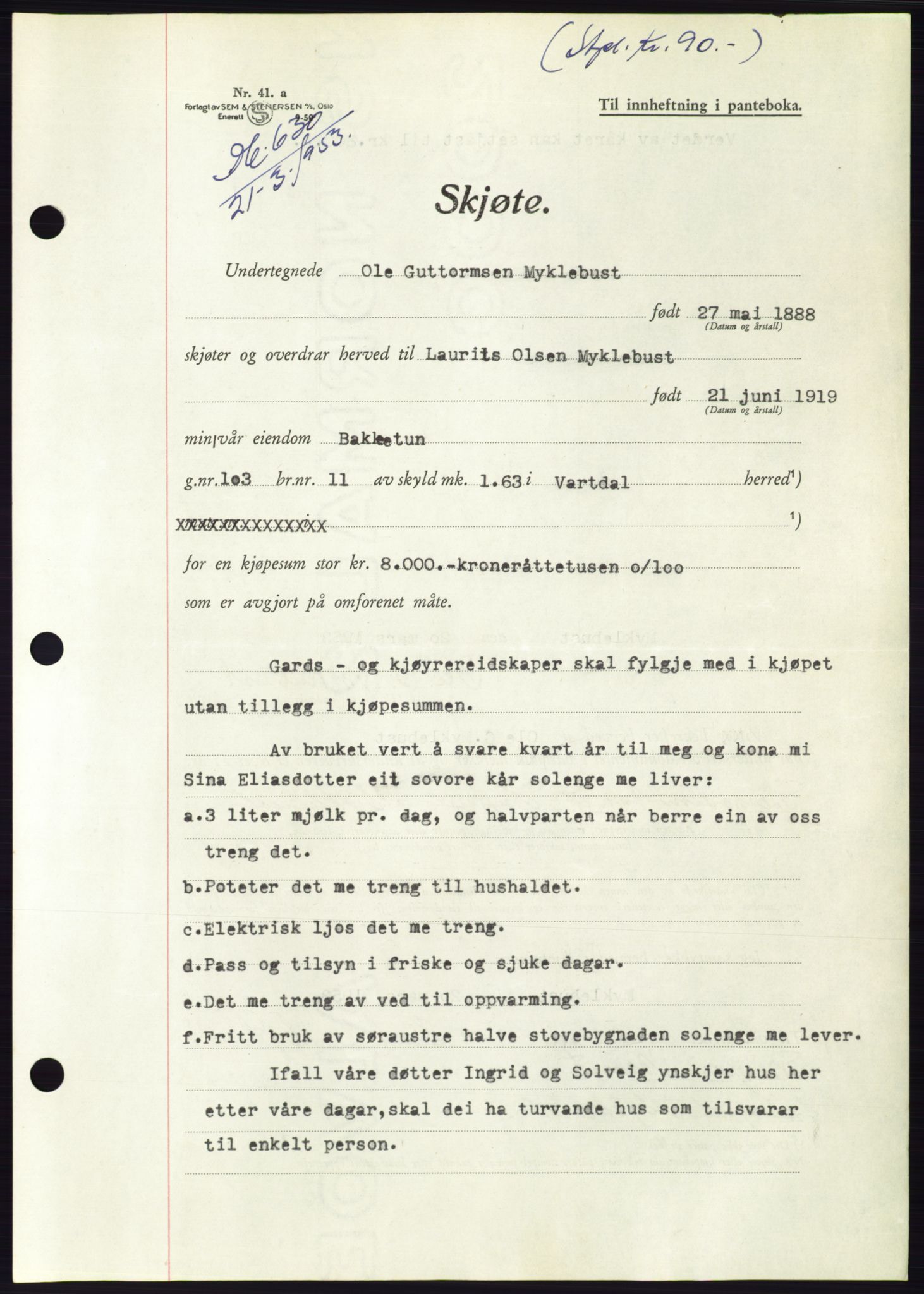 Søre Sunnmøre sorenskriveri, AV/SAT-A-4122/1/2/2C/L0094: Mortgage book no. 20A, 1953-1953, Diary no: : 630/1953