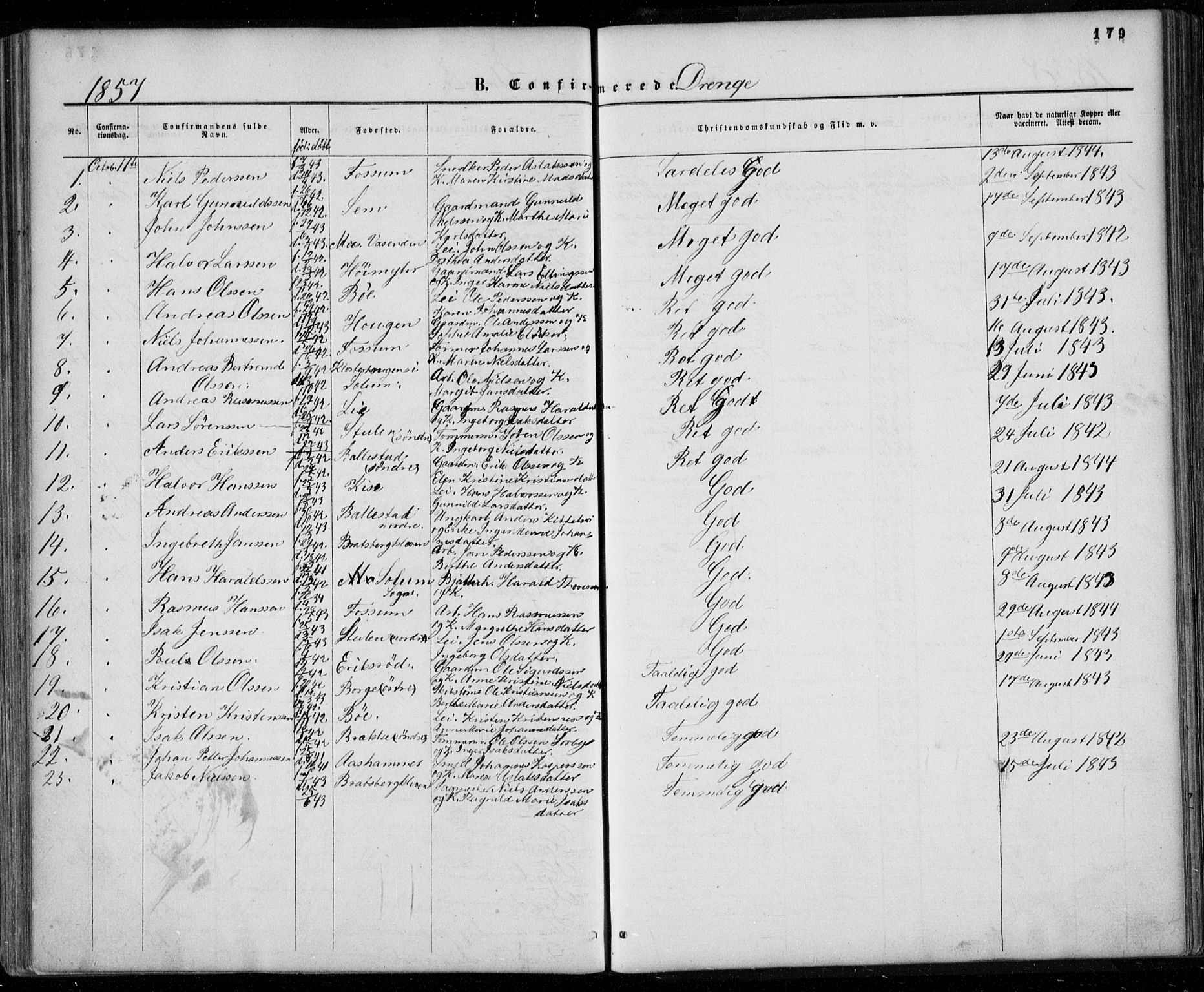 Gjerpen kirkebøker, SAKO/A-265/F/Fa/L0008a: Parish register (official) no. I 8A, 1857-1871, p. 179