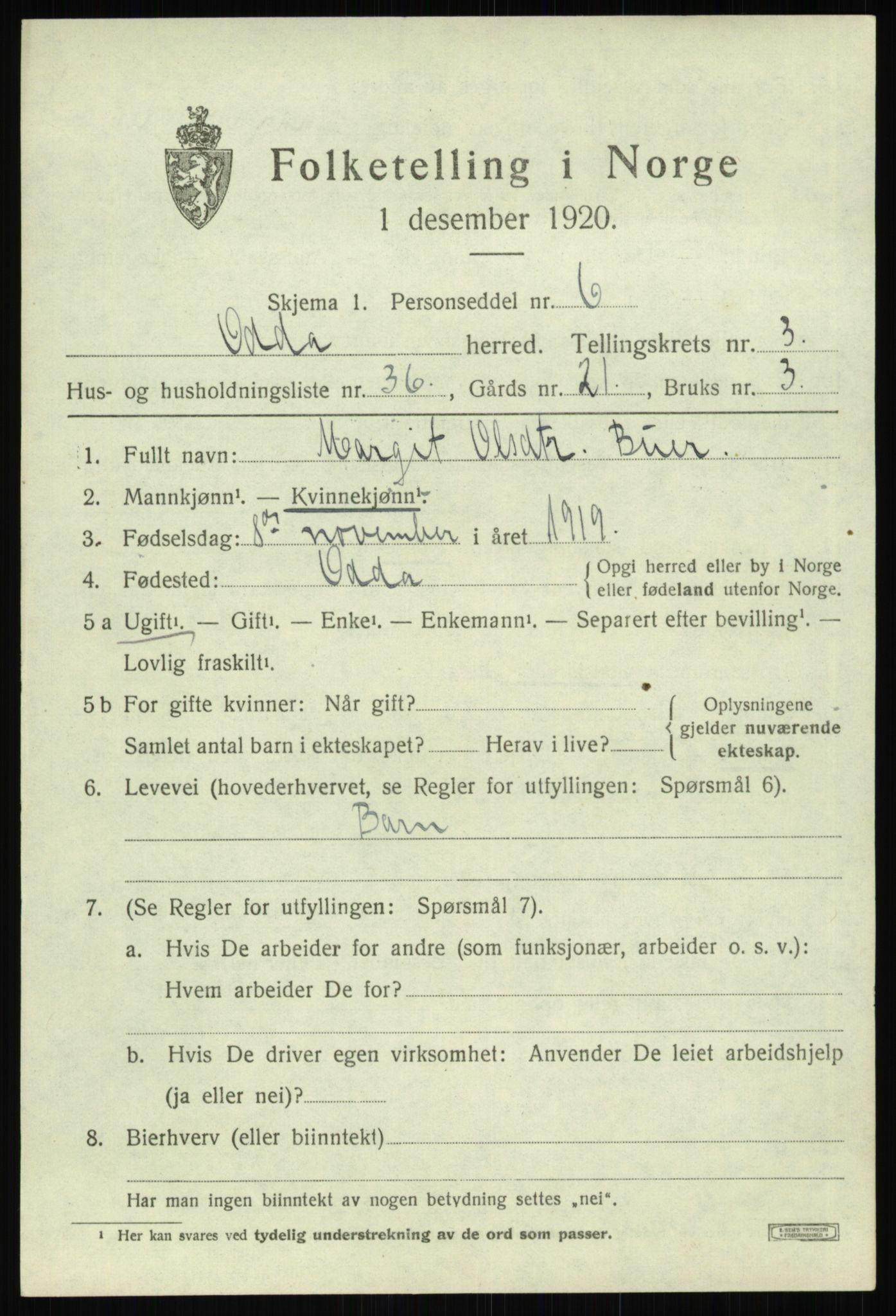 SAB, 1920 census for Odda, 1920, p. 2563