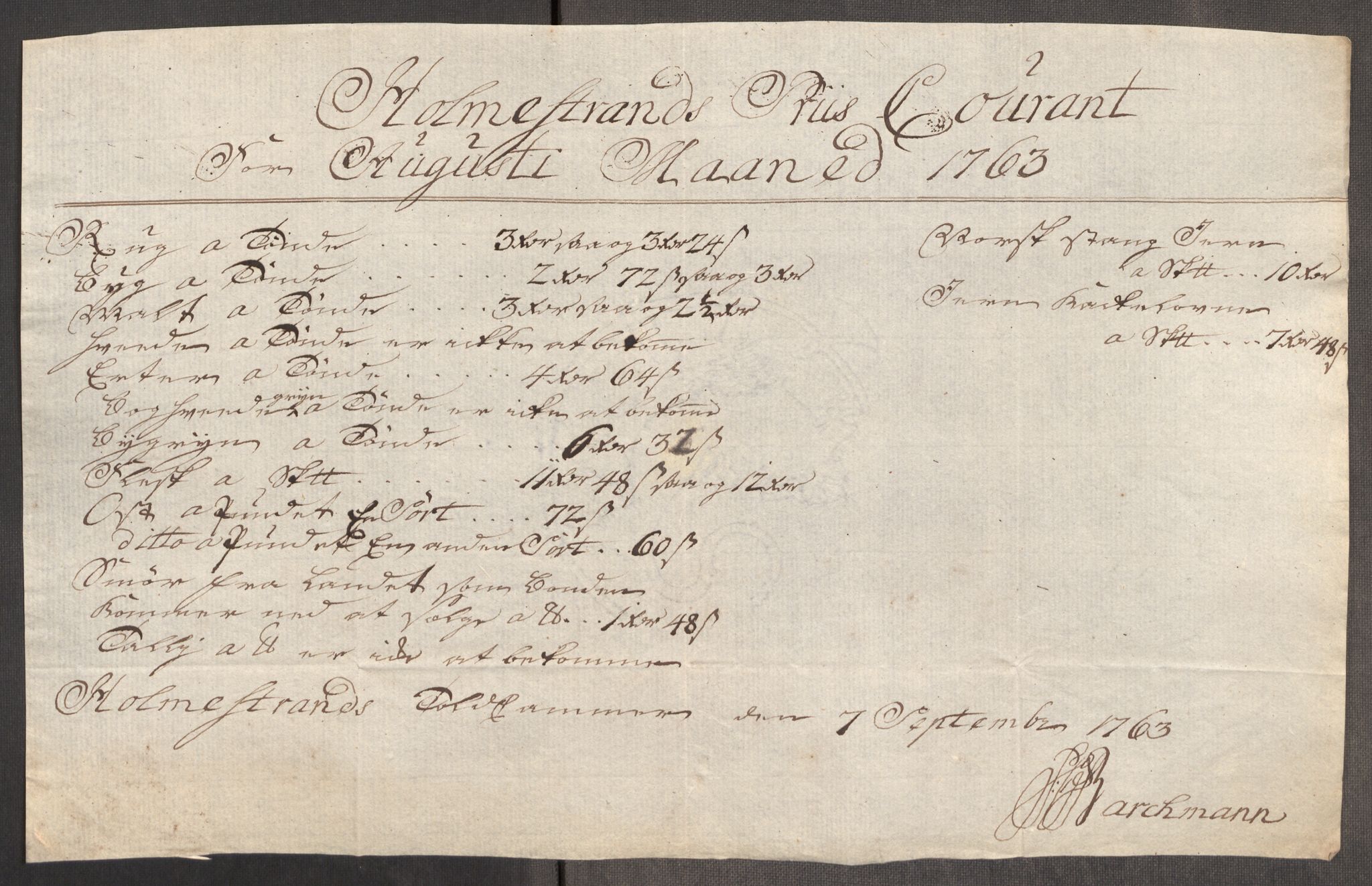 Rentekammeret inntil 1814, Realistisk ordnet avdeling, AV/RA-EA-4070/Oe/L0007: [Ø1]: Priskuranter, 1761-1763, p. 650