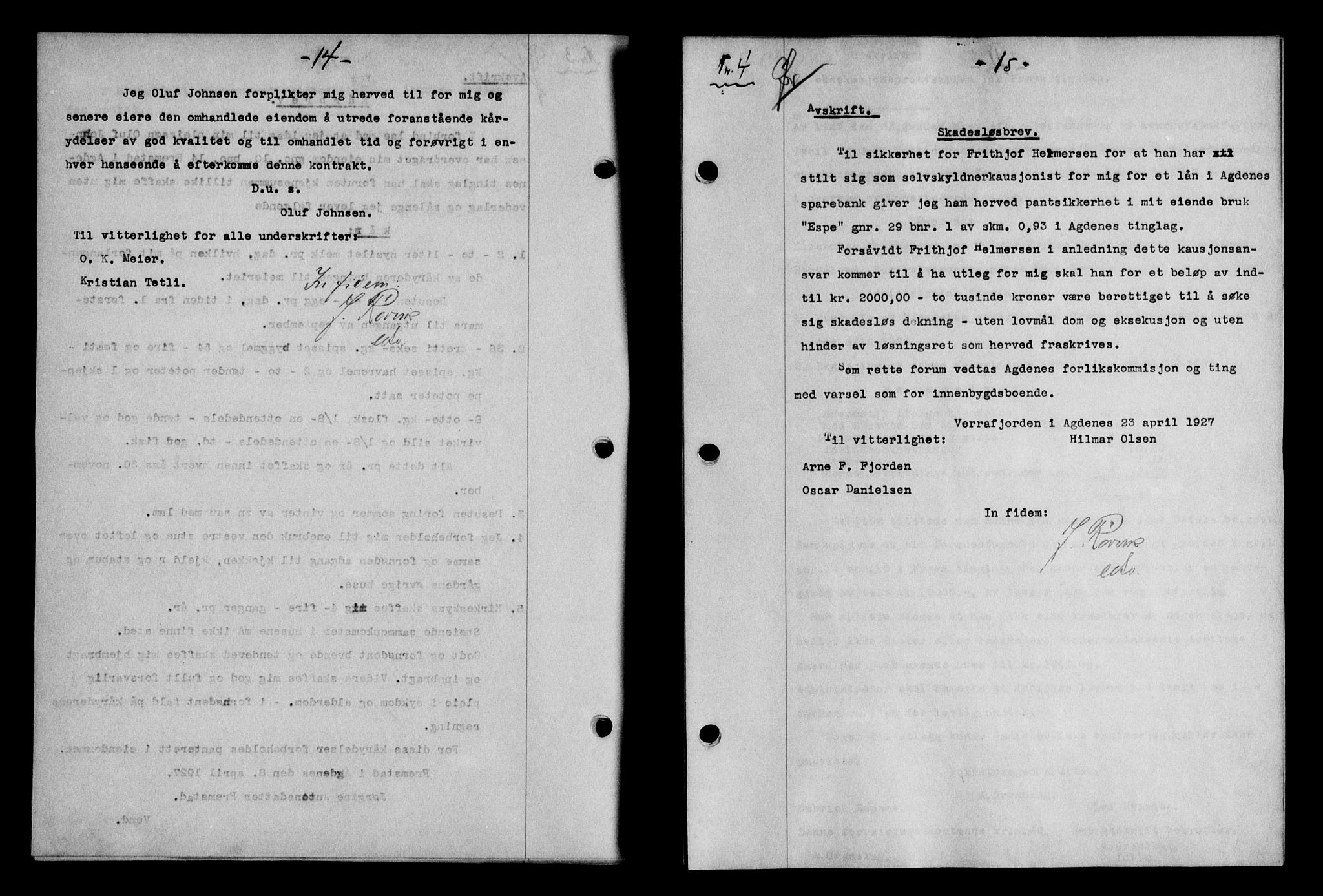 Hitra sorenskriveri, AV/SAT-A-0018/2/2C/2Ca/L0008: Mortgage book no. 8, 1927-1927, p. 14-15