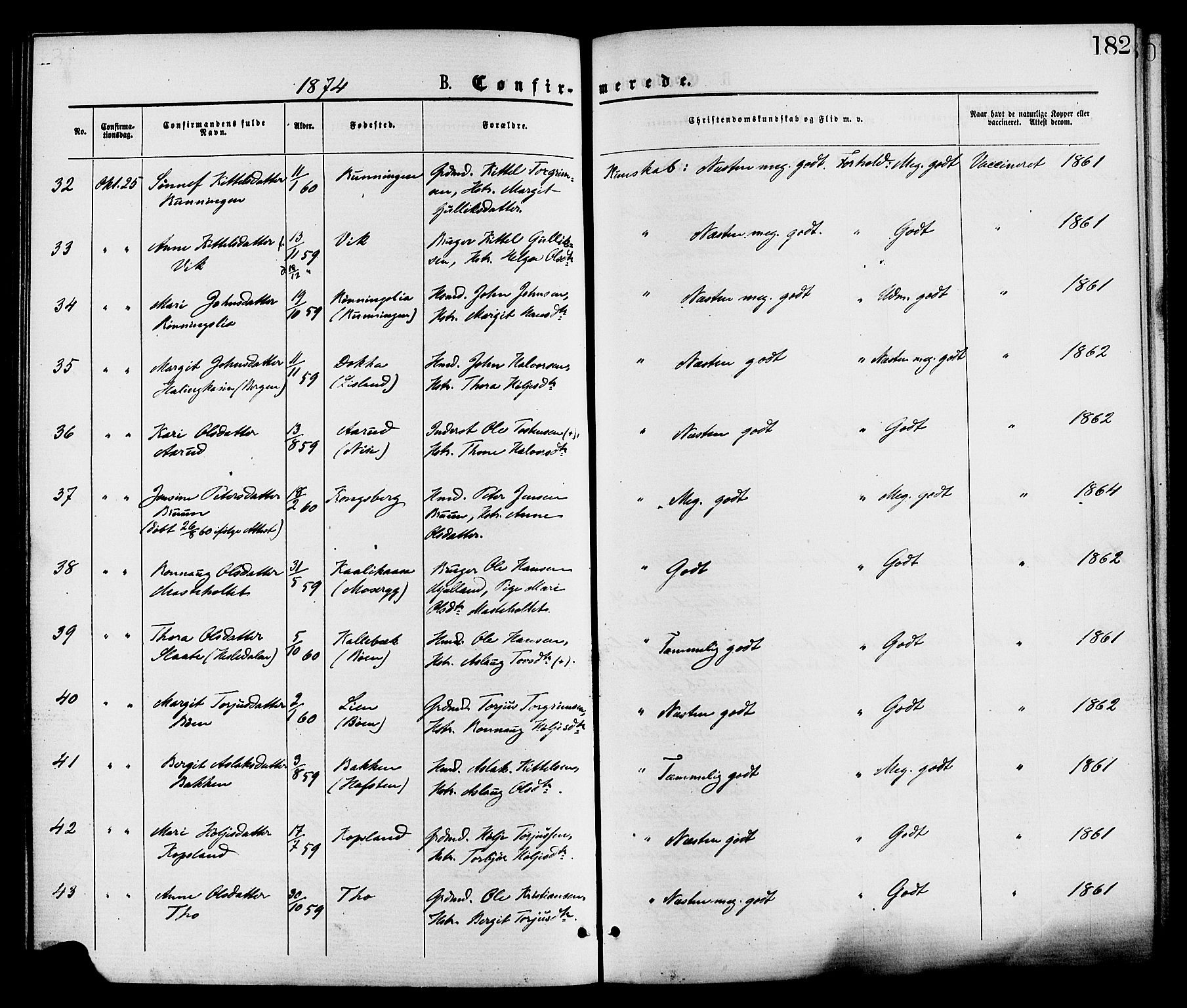 Gransherad kirkebøker, SAKO/A-267/F/Fa/L0004: Parish register (official) no. I 4, 1871-1886, p. 182