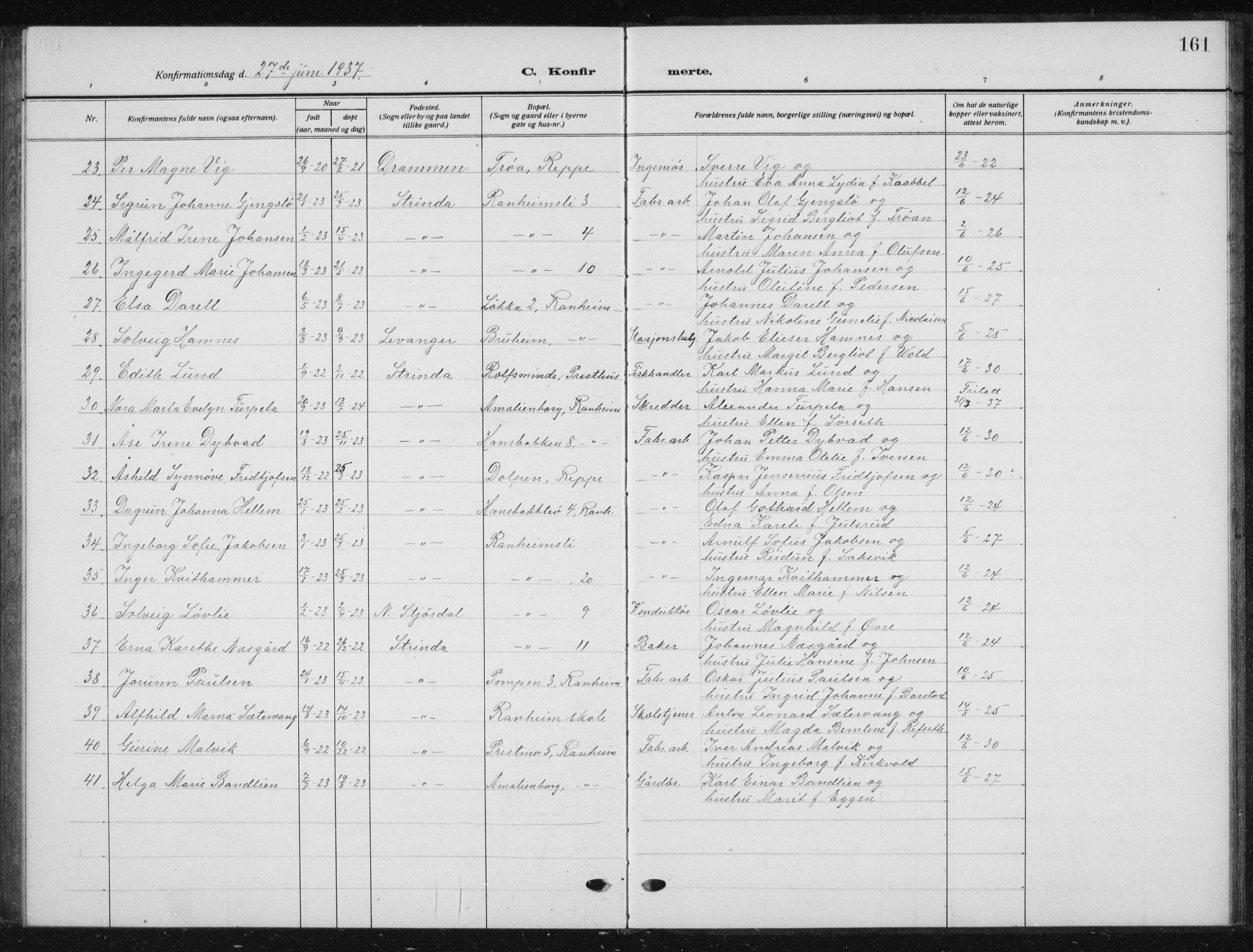 Ministerialprotokoller, klokkerbøker og fødselsregistre - Sør-Trøndelag, SAT/A-1456/615/L0401: Parish register (copy) no. 615C02, 1922-1941, p. 161